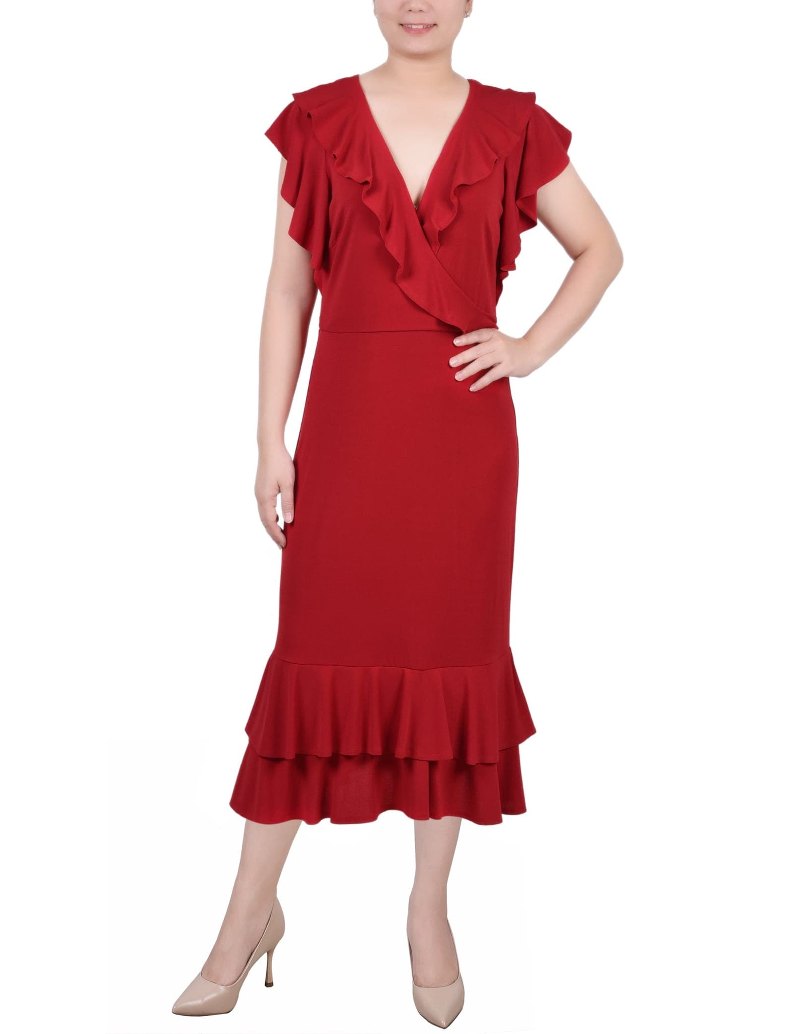 Short Flutter Sleeve Ruffle Neck Dress