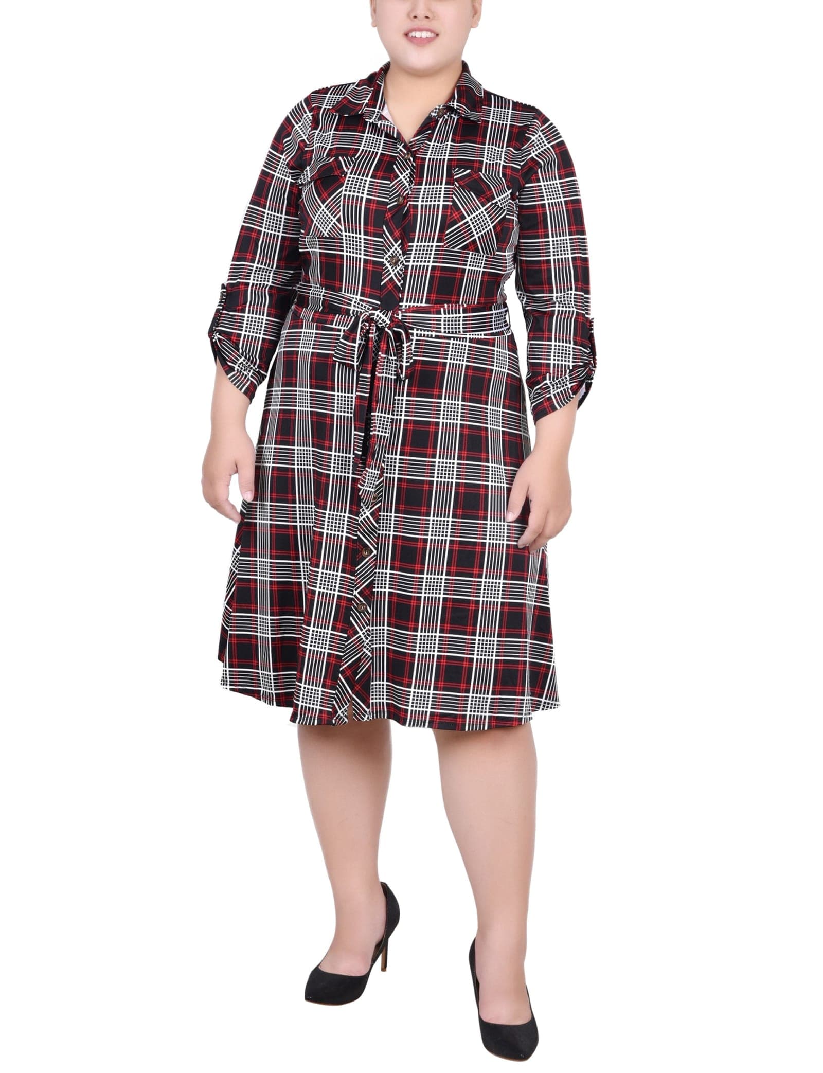 Plus Size 3/4 Slv Roll Tab Shirtdress