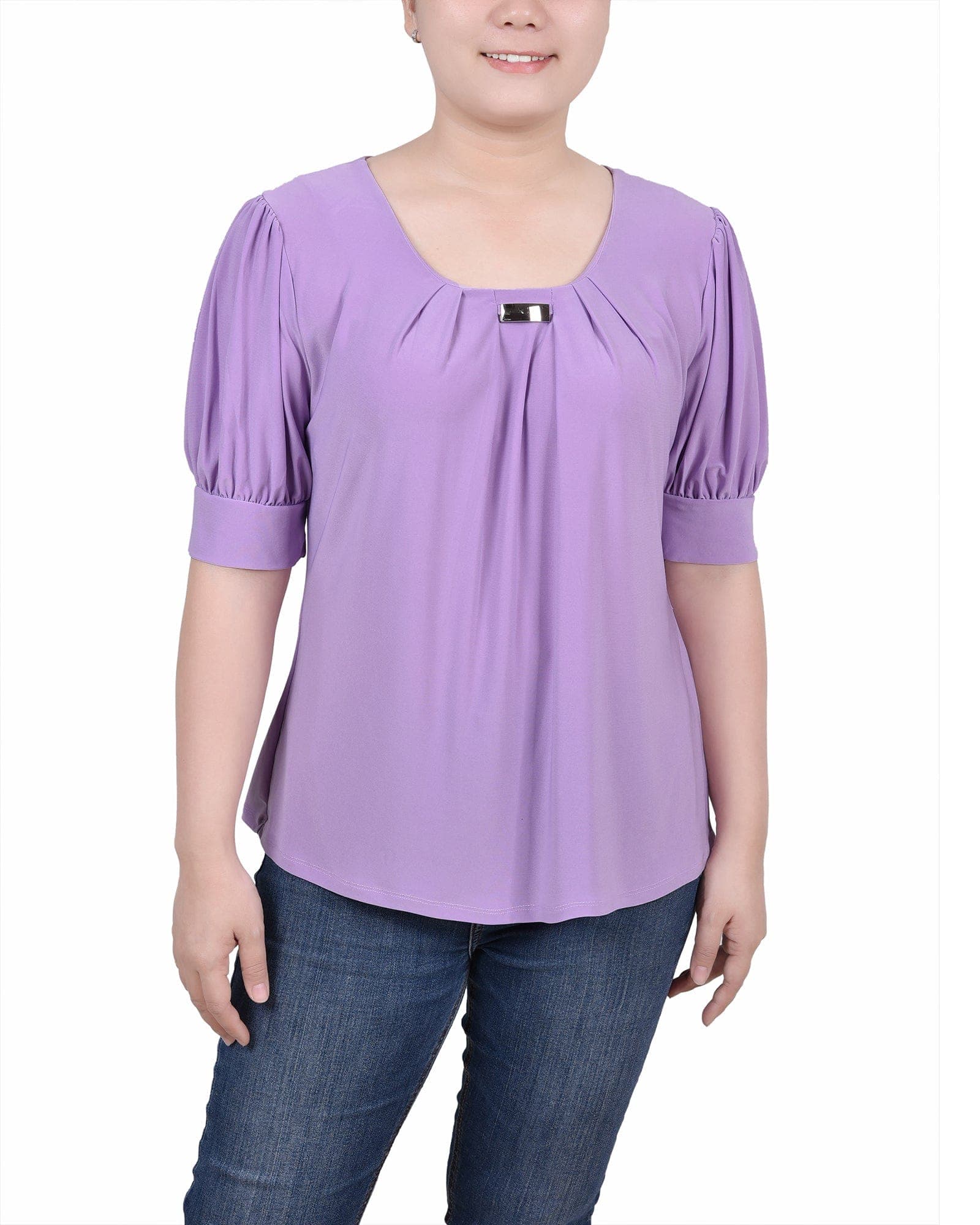 Short Sleeve Balloon Sleeve Top with Hardware