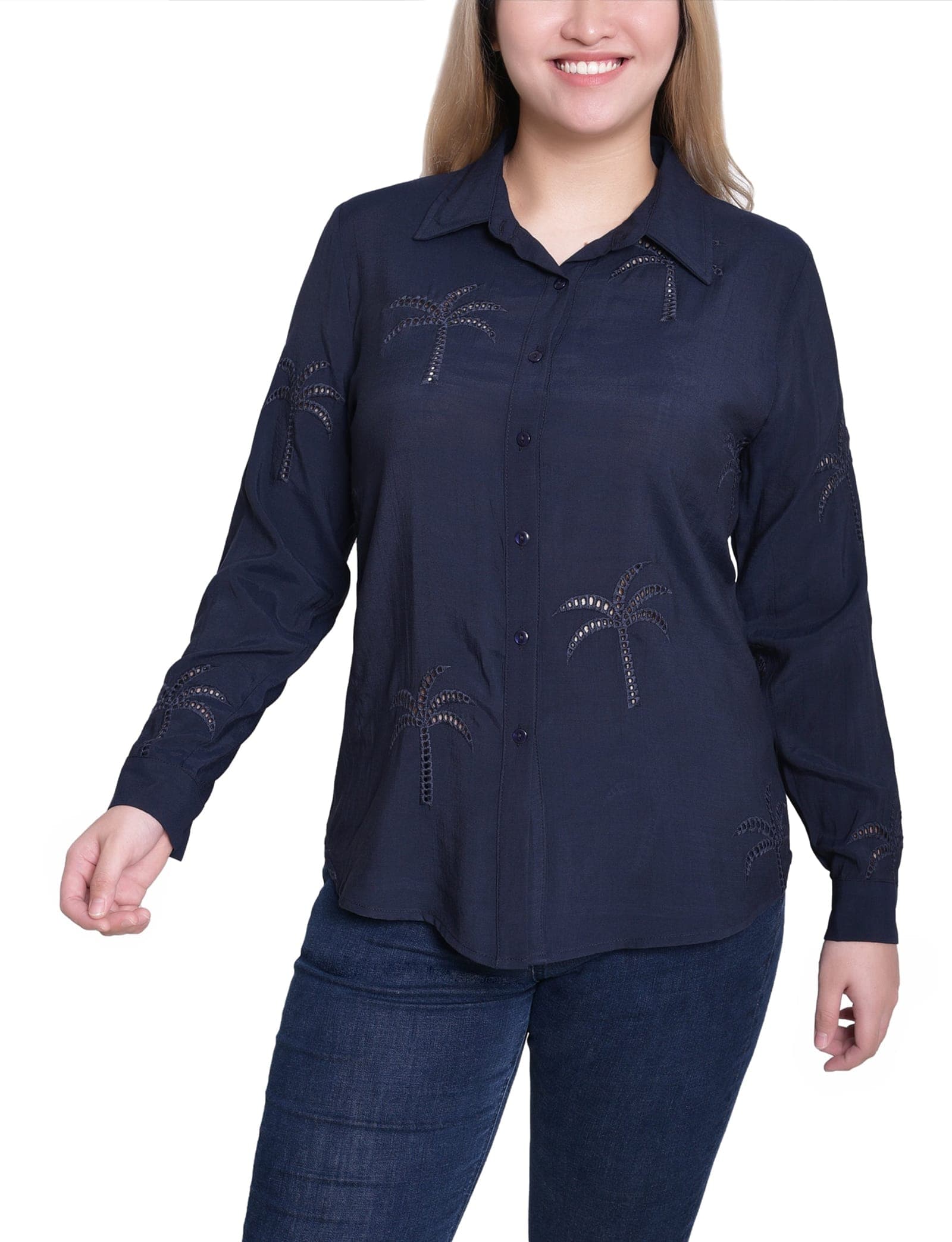 Petite Long Sleeve Palm Tree Blouse