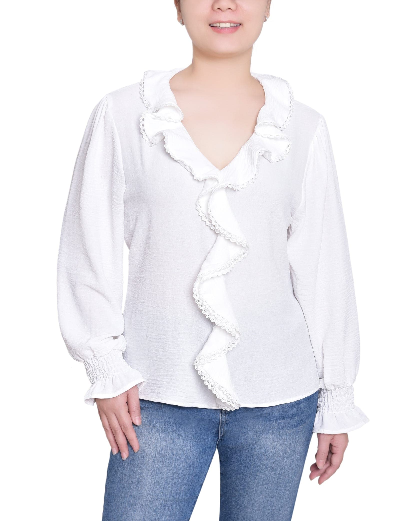 Petite Short Sleeve Ruffle Front Blouse