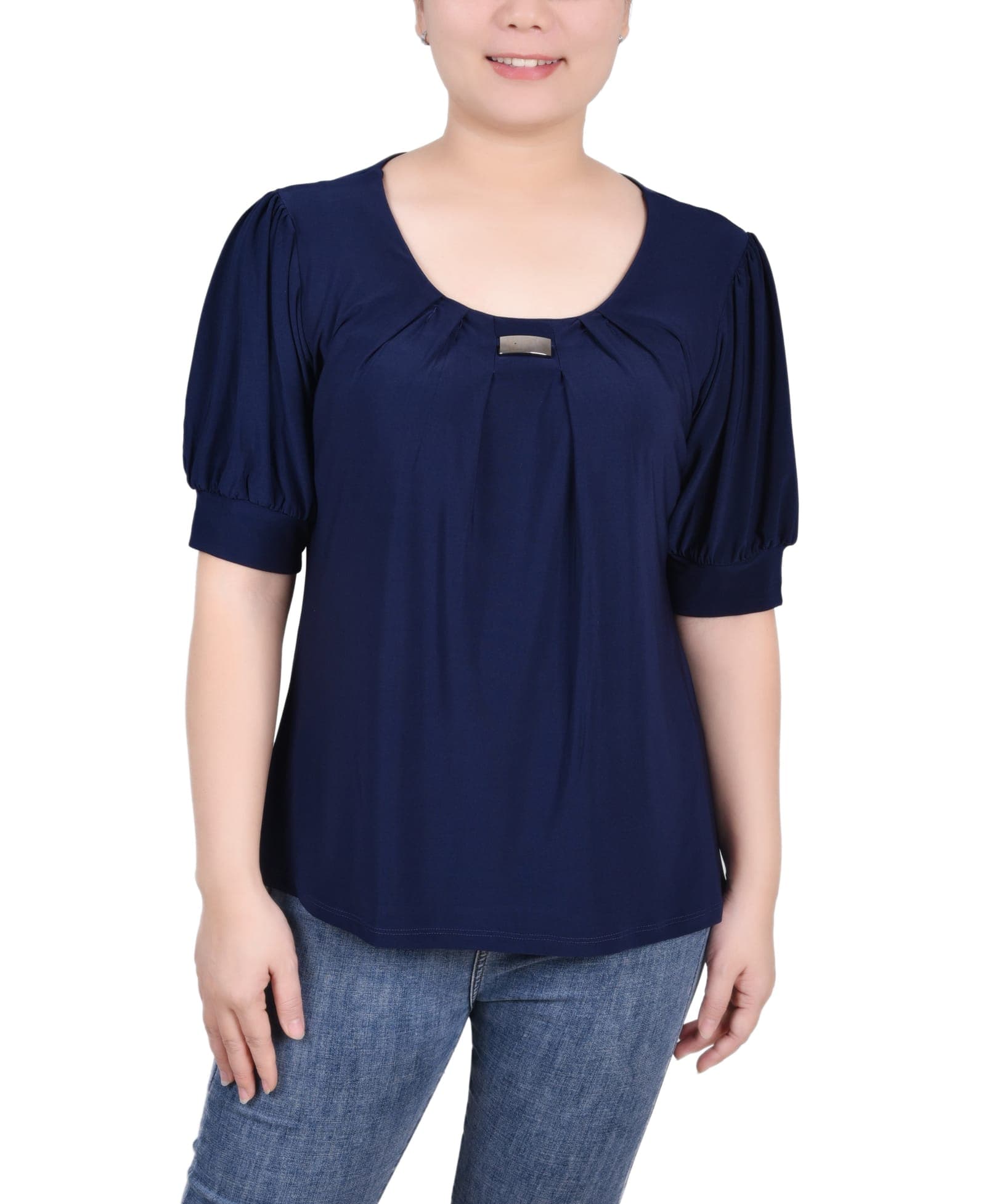 Short Sleeve Balloon Sleeve Top with Hardware