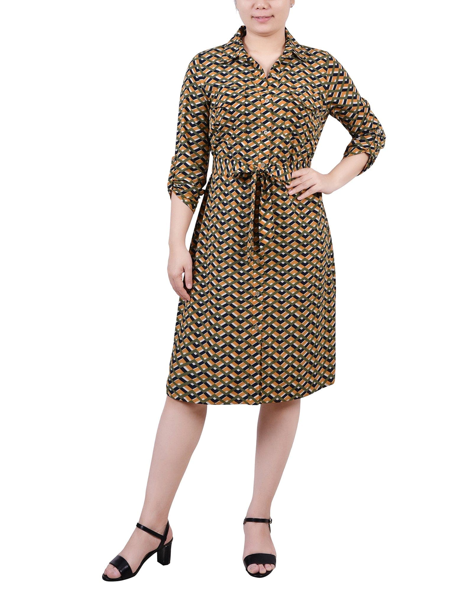 Petite 3/4 Roll Tab Sleeve Belted Shirtdress