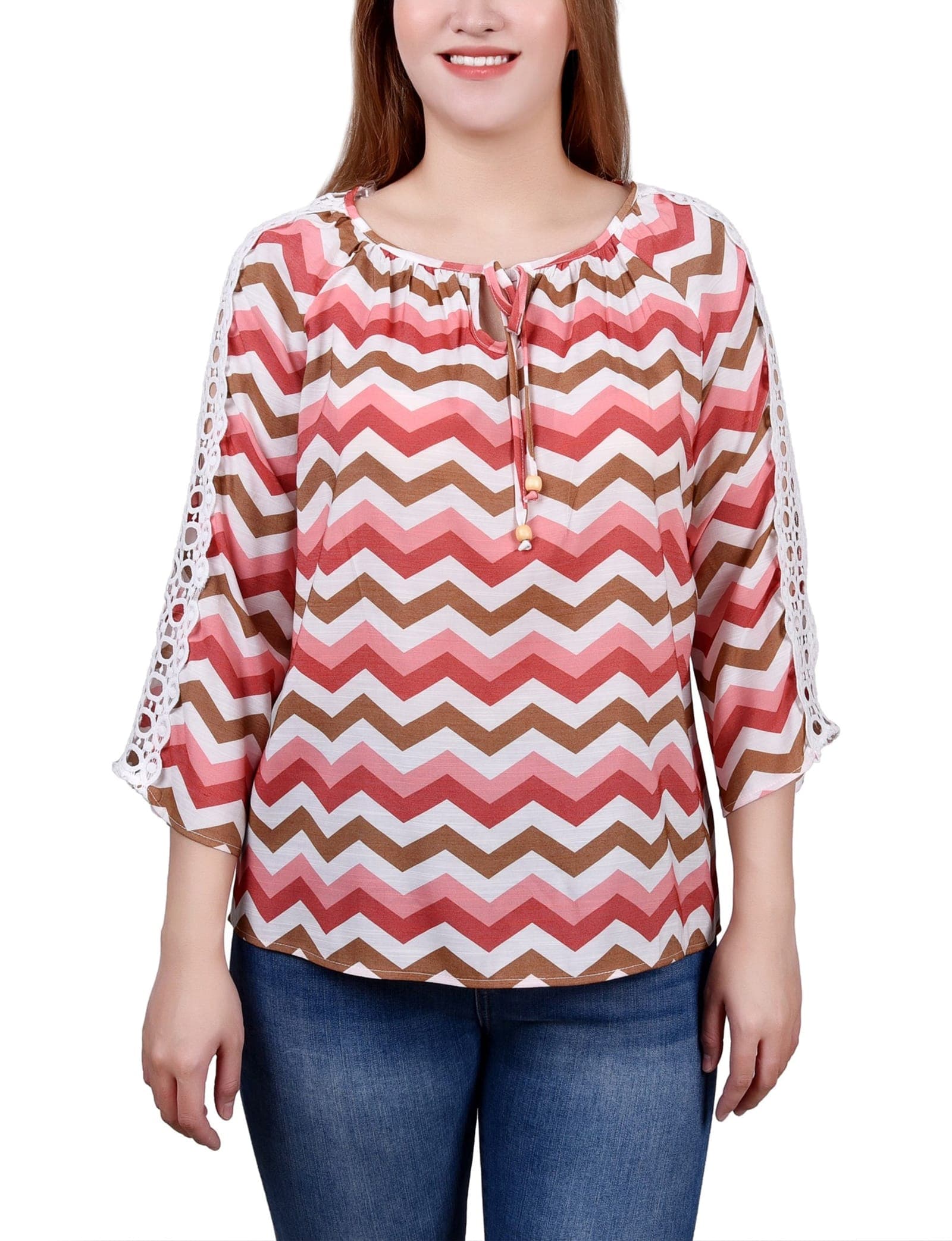 Petite 3/4 Sleeve Crochet Detail Blouse