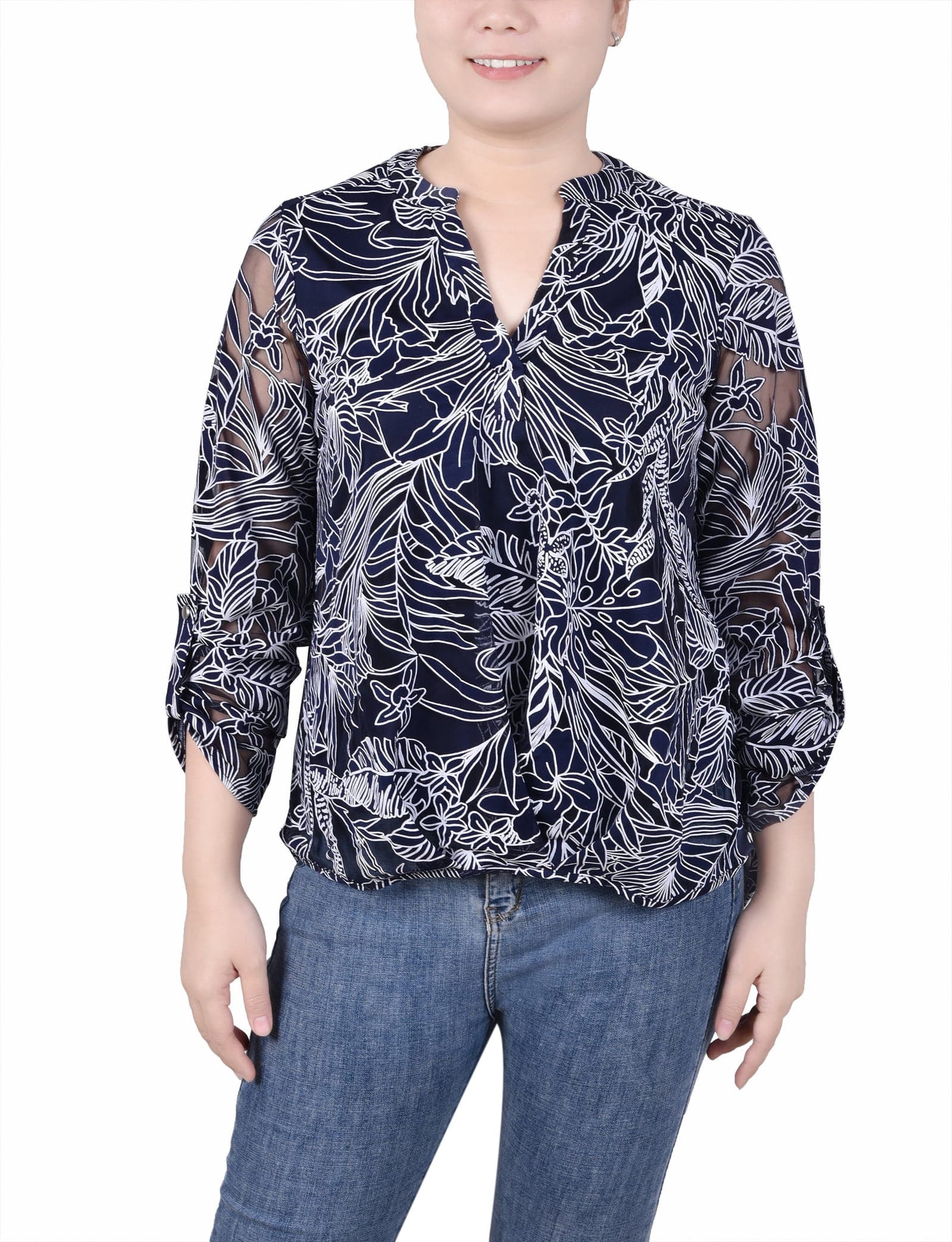 Long Sleeve Burnout Y Neck Blouse