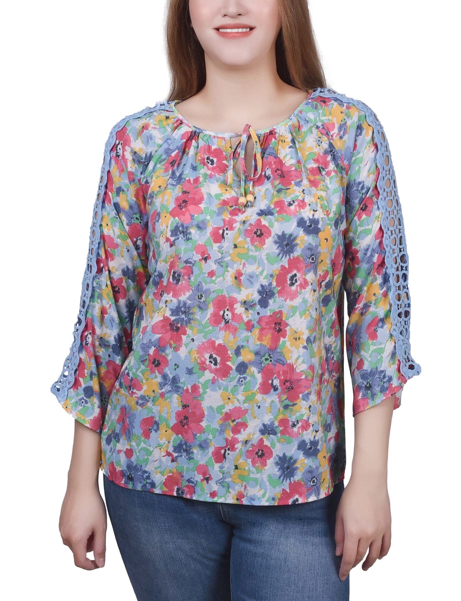 Petite 3/4 Sleeve Crochet Detail Blouse