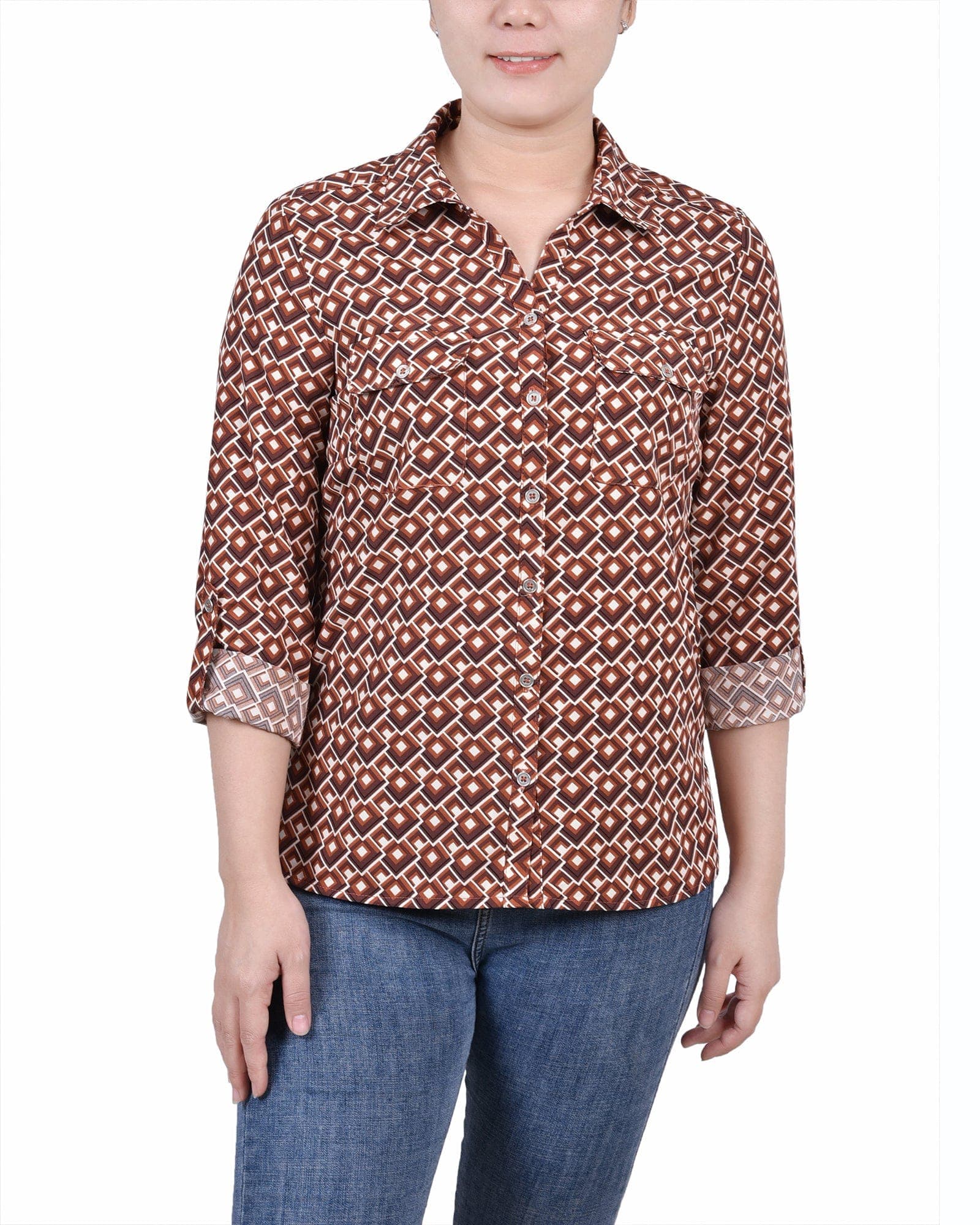 Petite 3/4 Roll Tab Blouse with Pockets