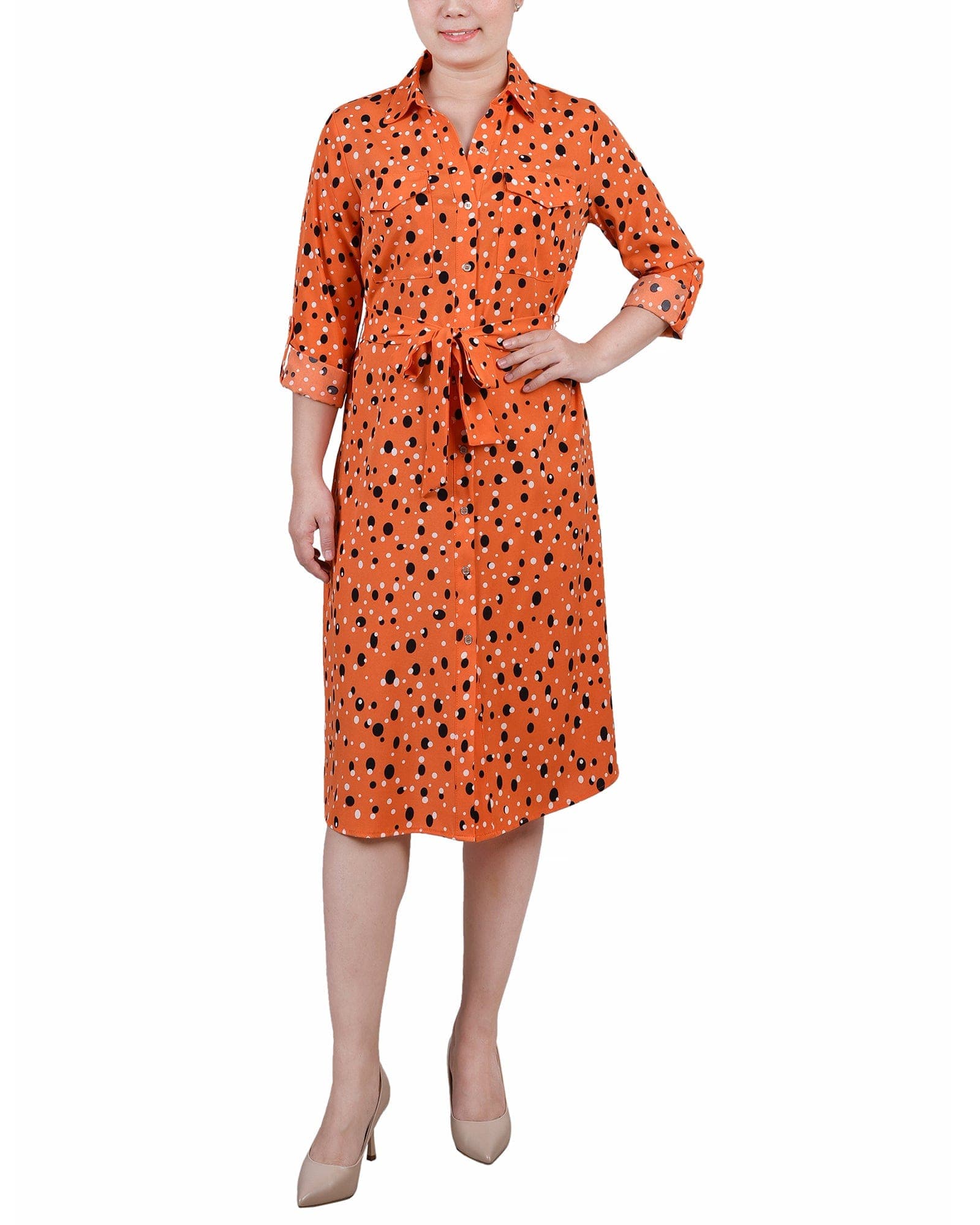 Petite 3/4 Roll Tab Sleeve Belted Shirtdress