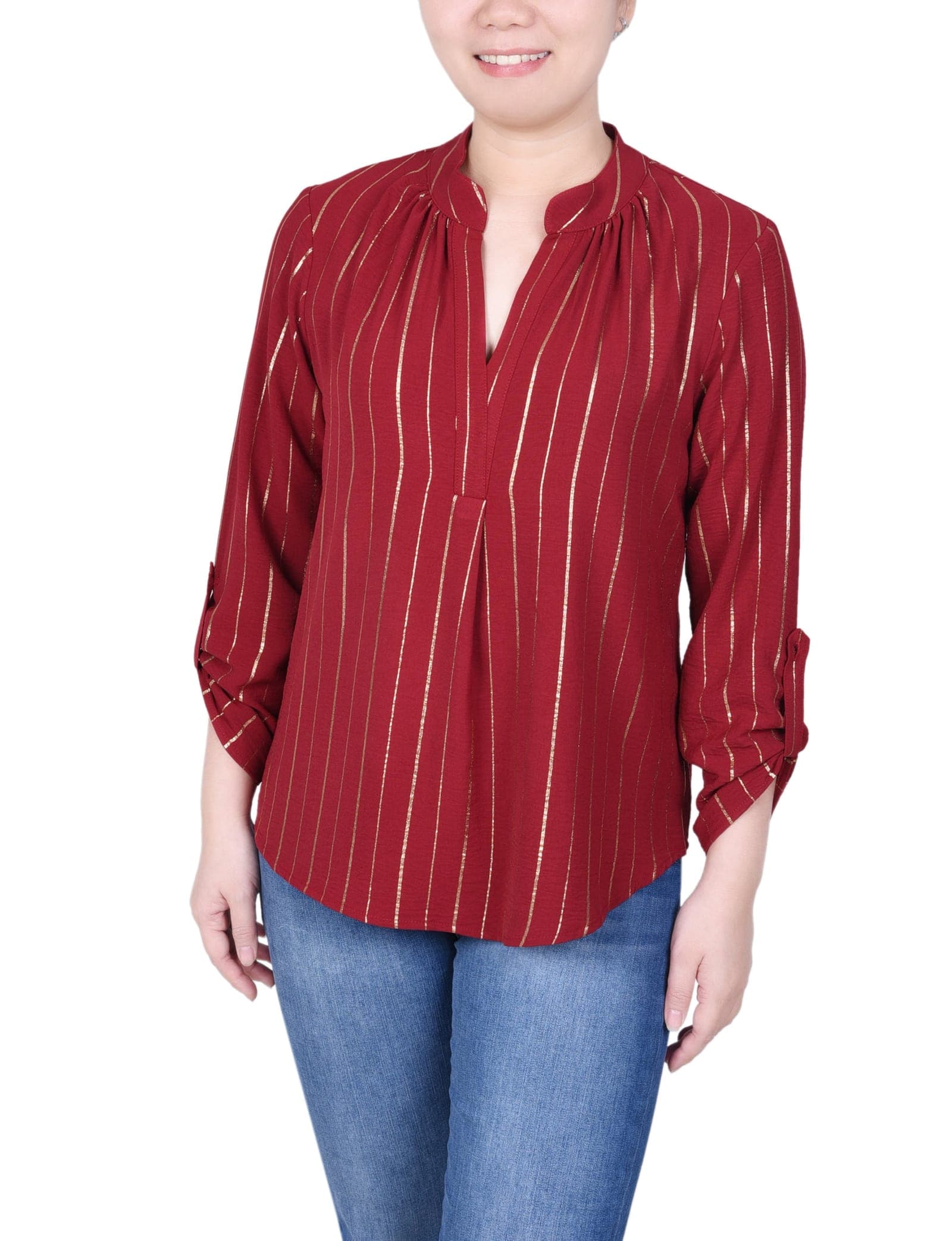 Petite Long Sleeve Foil Striped Blouse