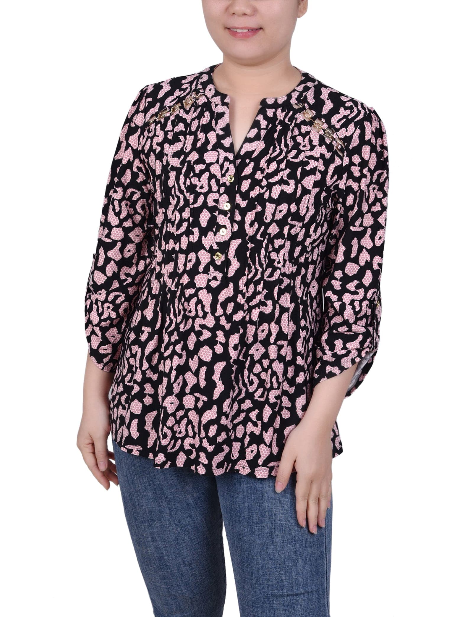 Petite Long Sleeve Pintuck Front Top with Chain Details