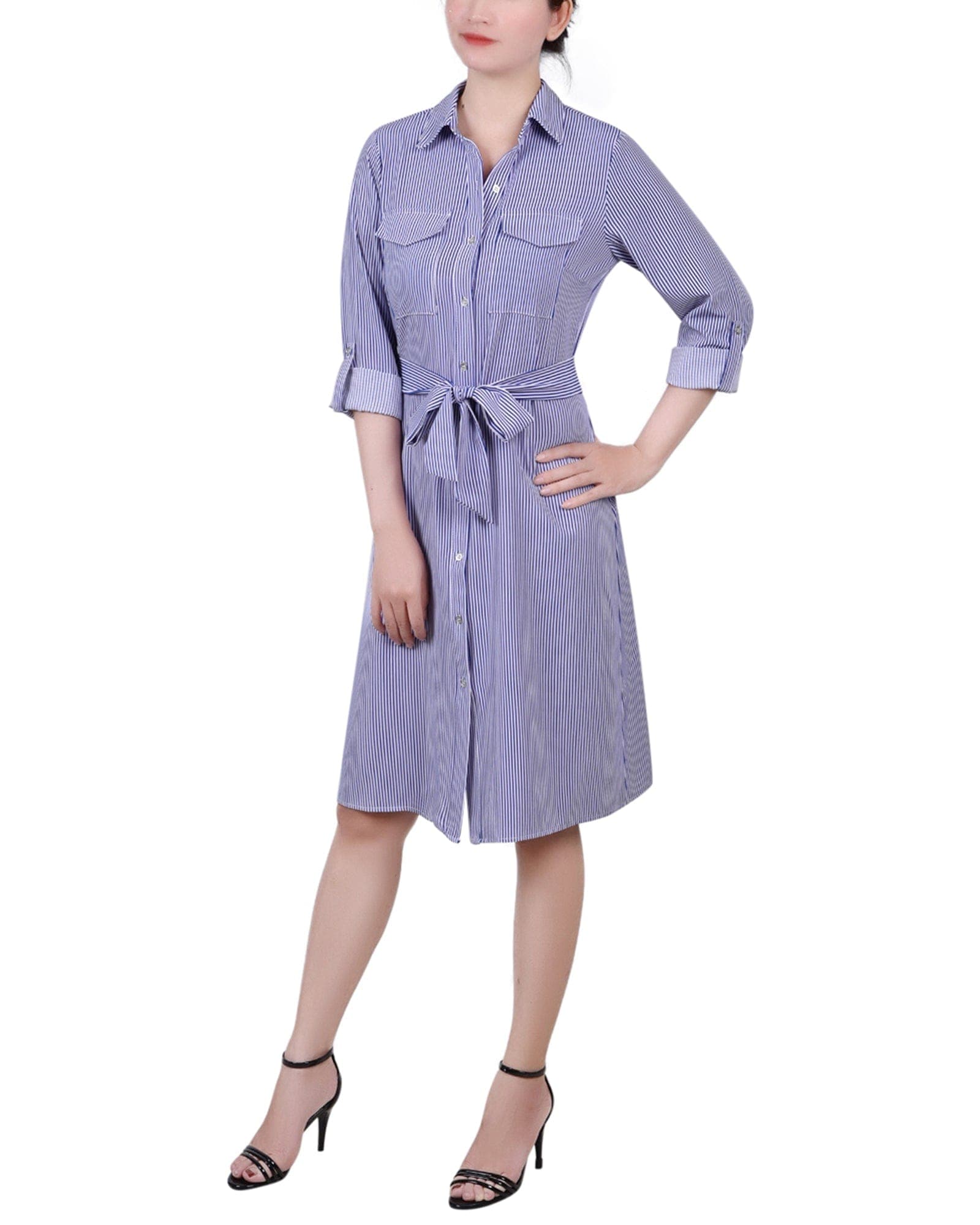 Petite 3/4 Roll Tab Sleeve Belted Shirtdress