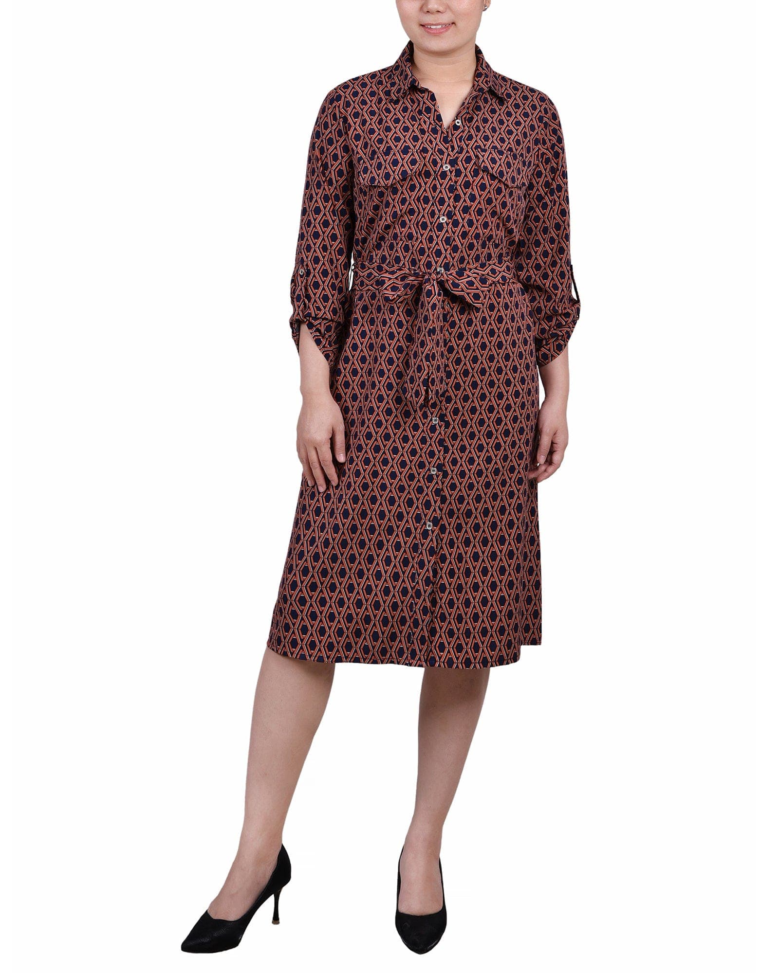 Petite 3/4 Roll Tab Sleeve Belted Shirtdress