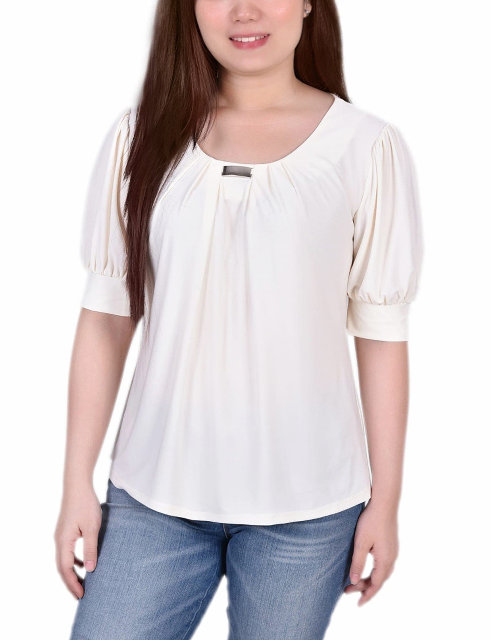 Short Sleeve Balloon Sleeve Top with Hardware
