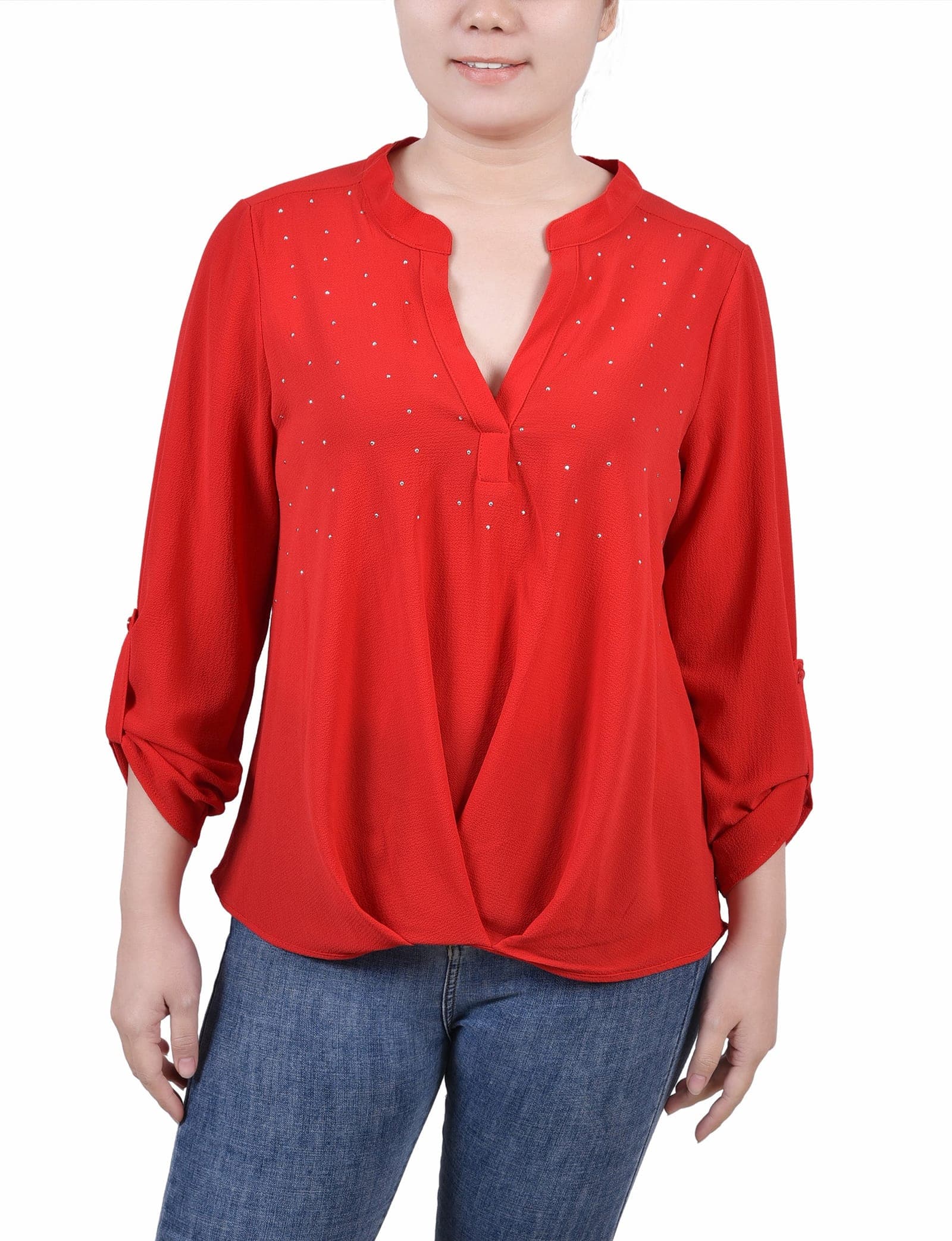 Petite 3/4 Sleeve Mandarin Collar Blouse with Front Pleats