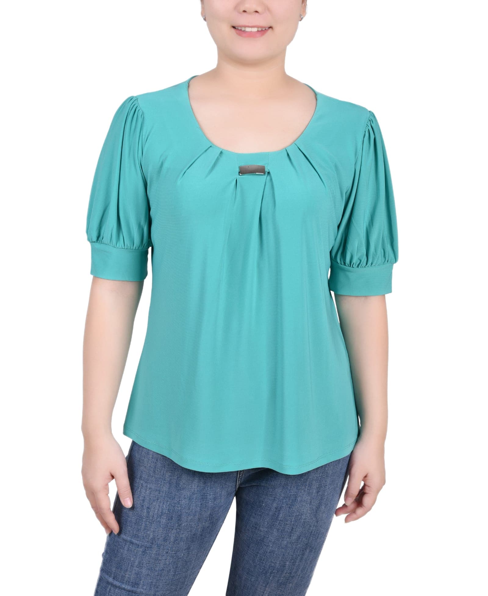 Short Sleeve Balloon Sleeve Top with Hardware