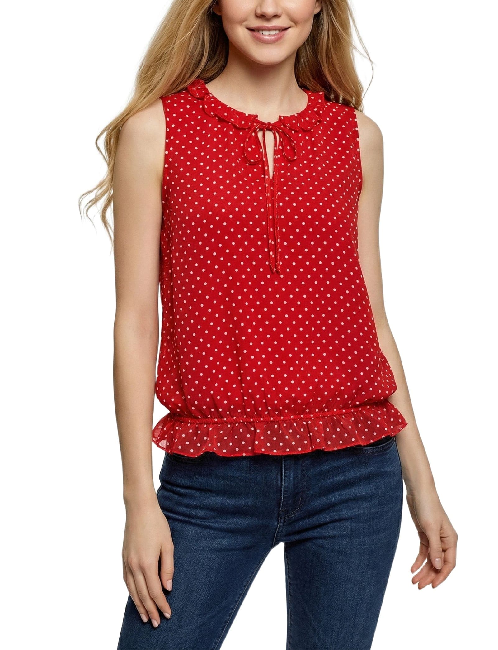 Petite Sleeveless Ruffle Flounced Blouse