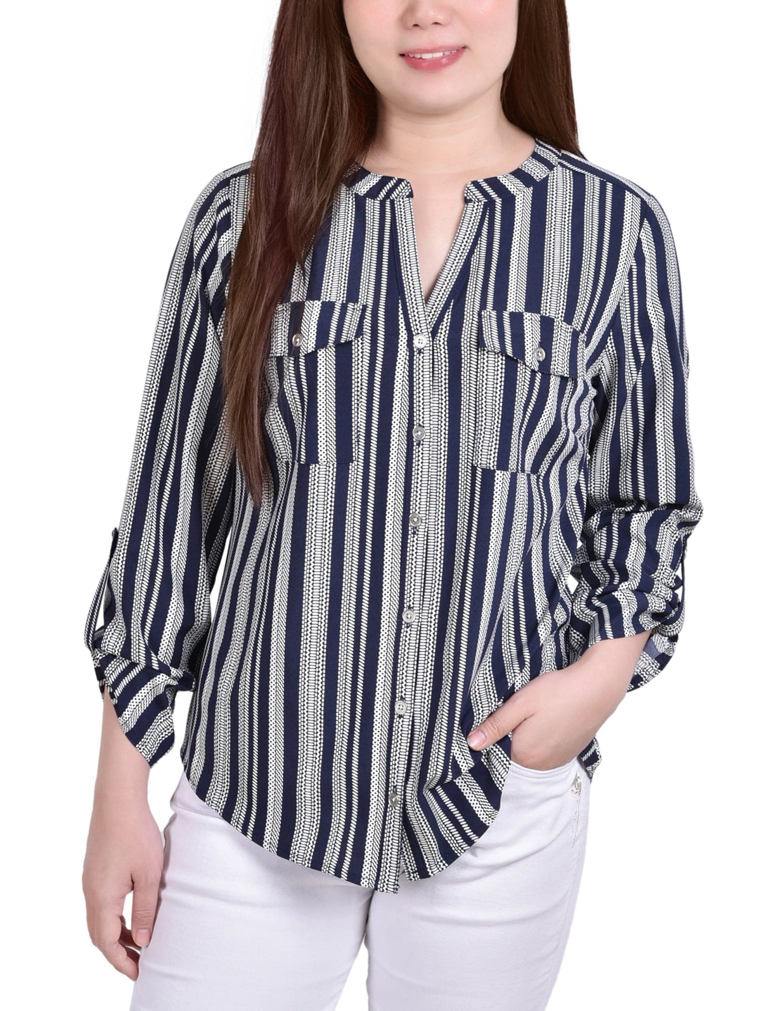Petite 3/4 Sleeve Roll Tab Y Neck Blouse