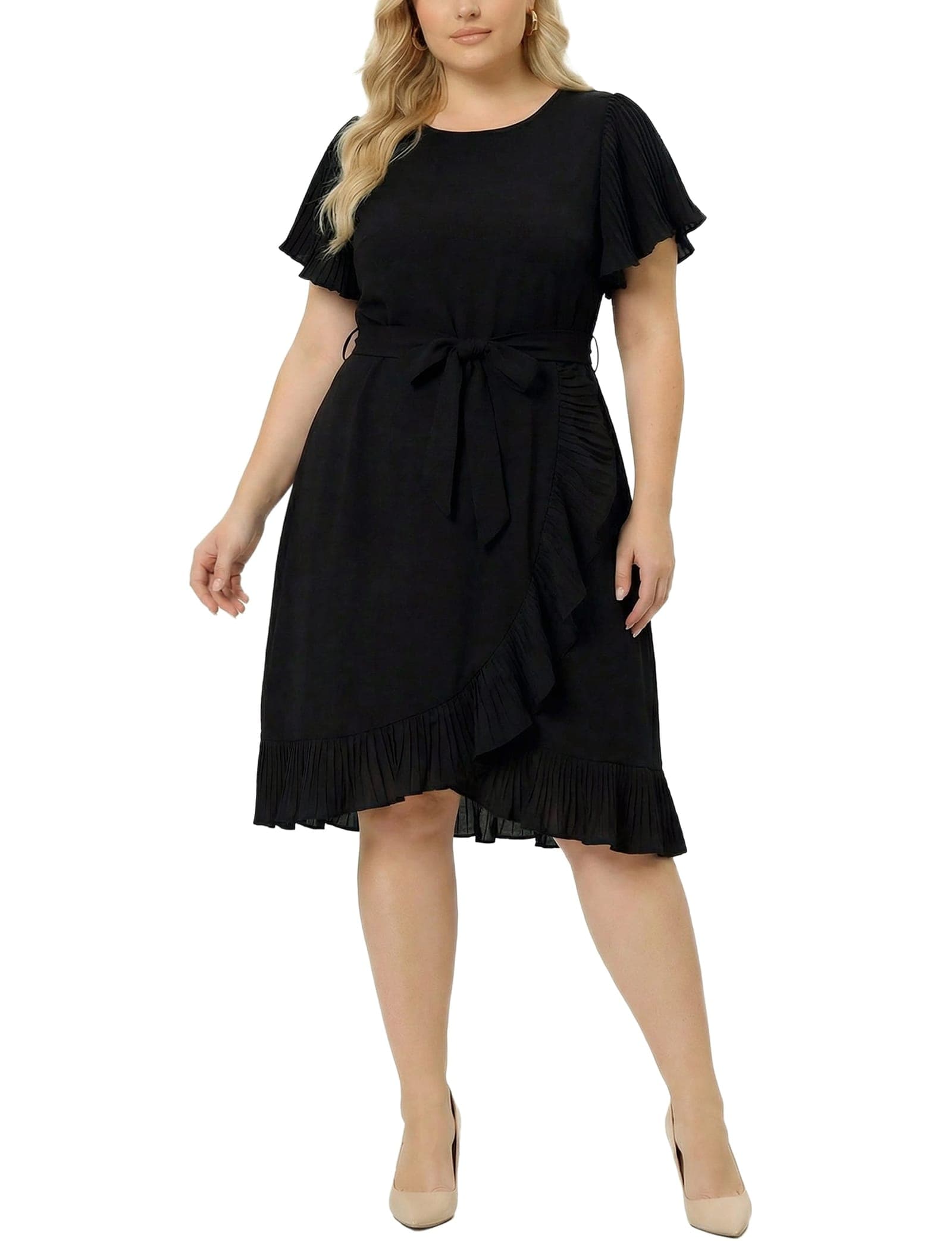 Plus Size Short Sleeve Pleated Ruffle Dress