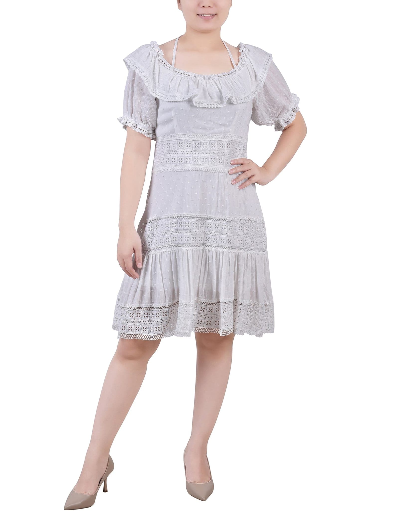 Petite Short Sleeve Ruffle Neck Dress