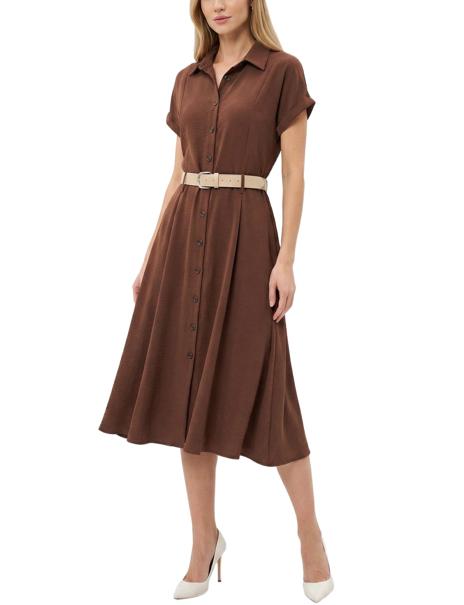 Petite Short Sleeve Button Front Belted a-Line Dress