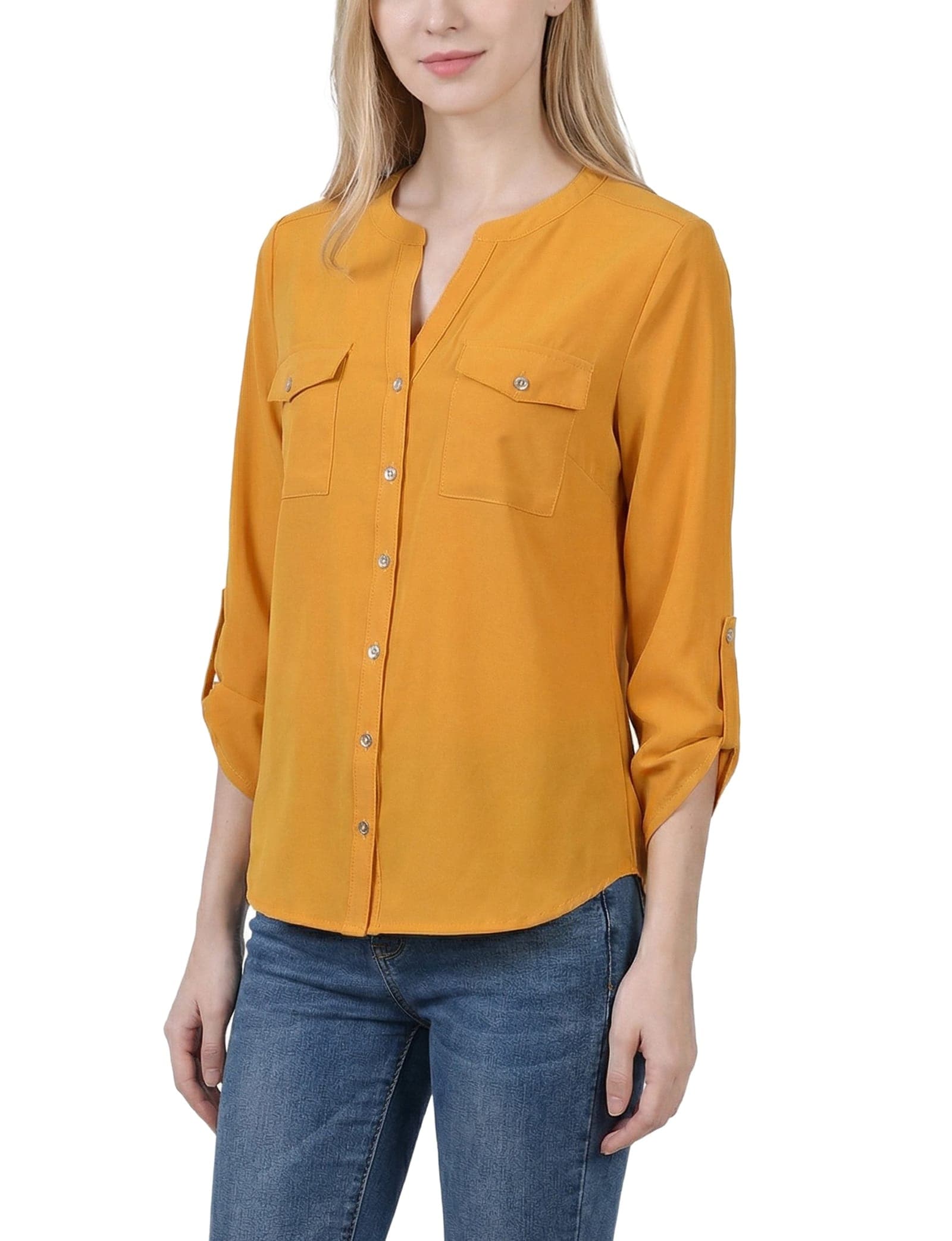 3/4 Roll Tab Sleeve Mandarin Collar Blouse