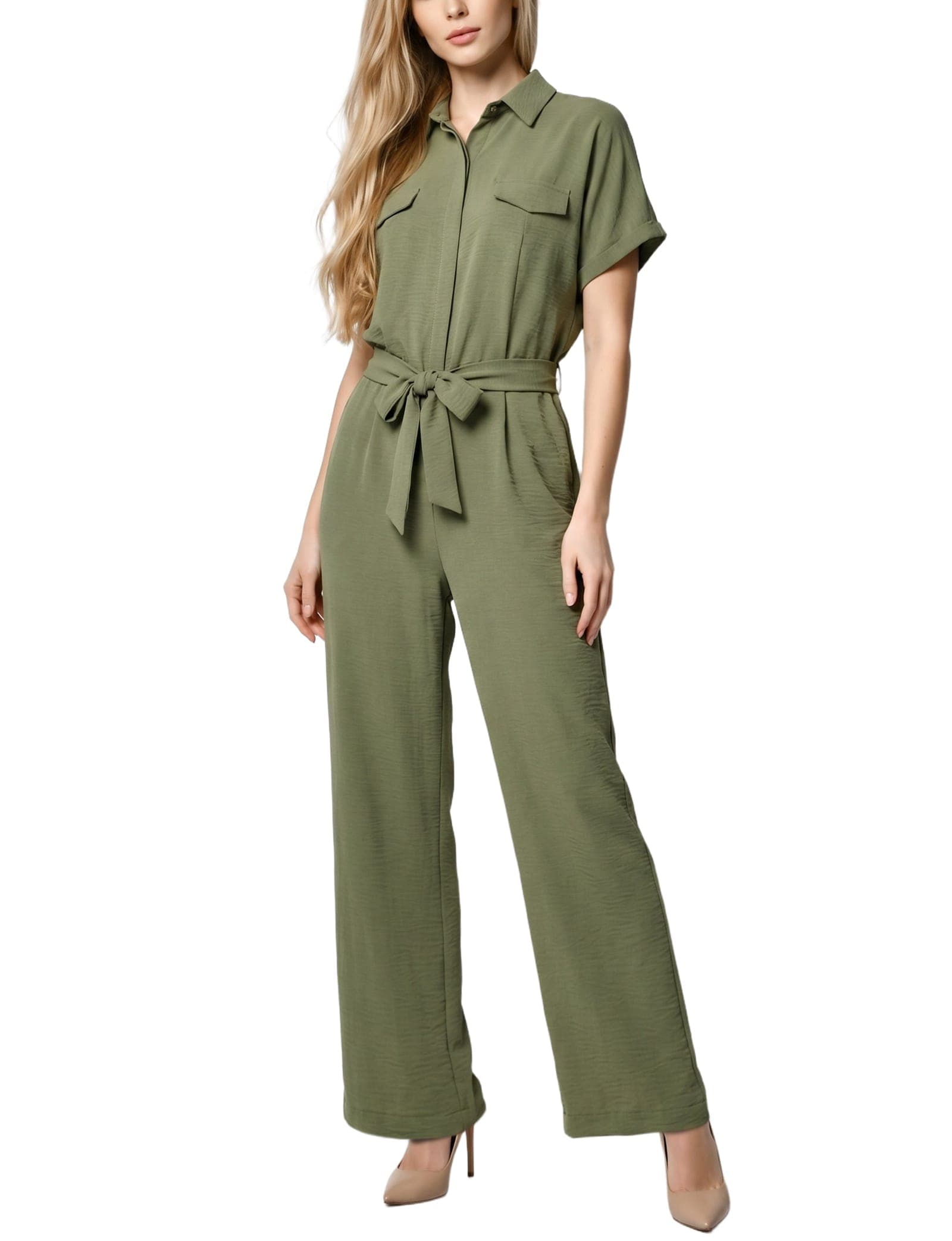 Petite Short Sleeve Belted Jumpsuit