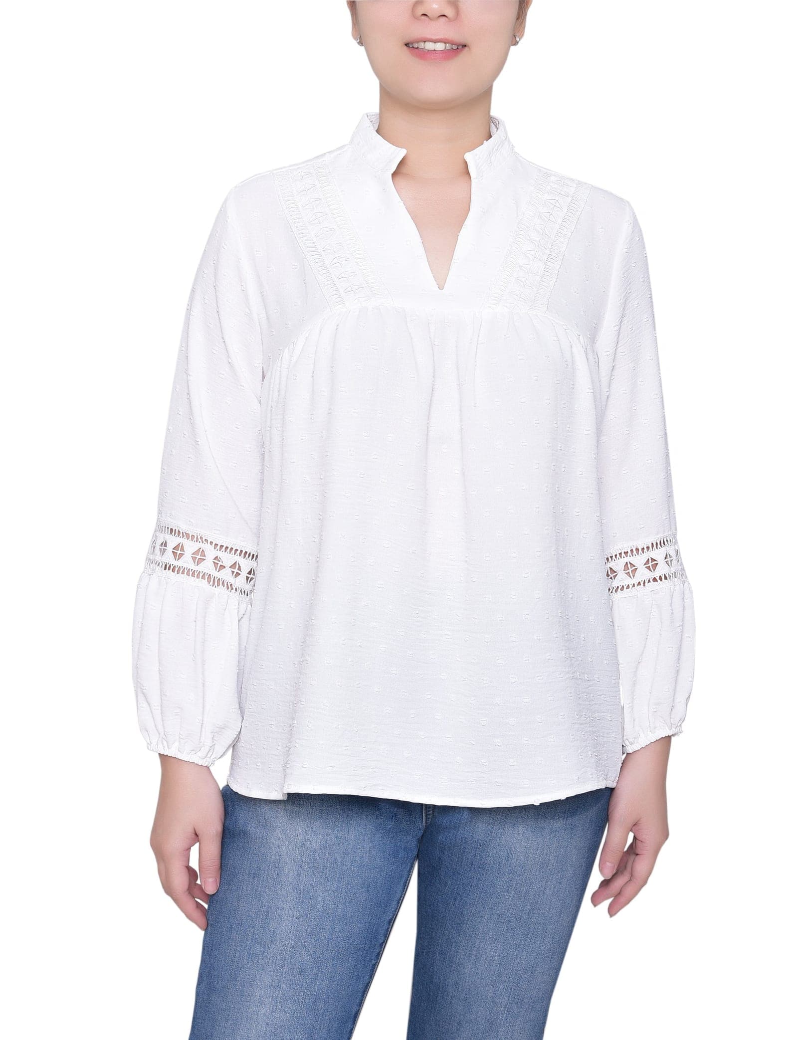 Petite Long Sleeve Blouse with Crochet Trim