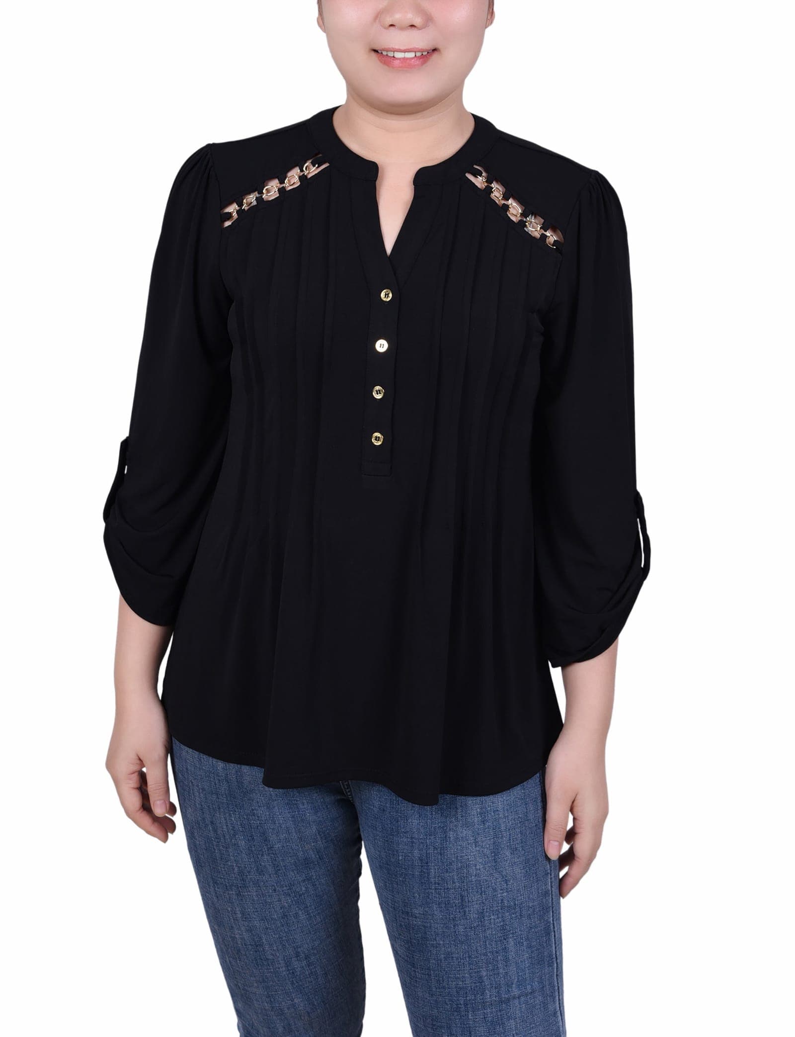 Petite Long Sleeve Pintuck Front Top with Chain Details