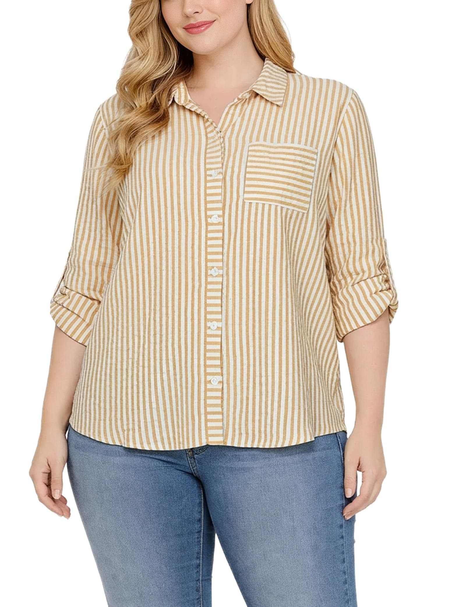 Plus Size 3/4 Sleeve Roll Tab Blouse