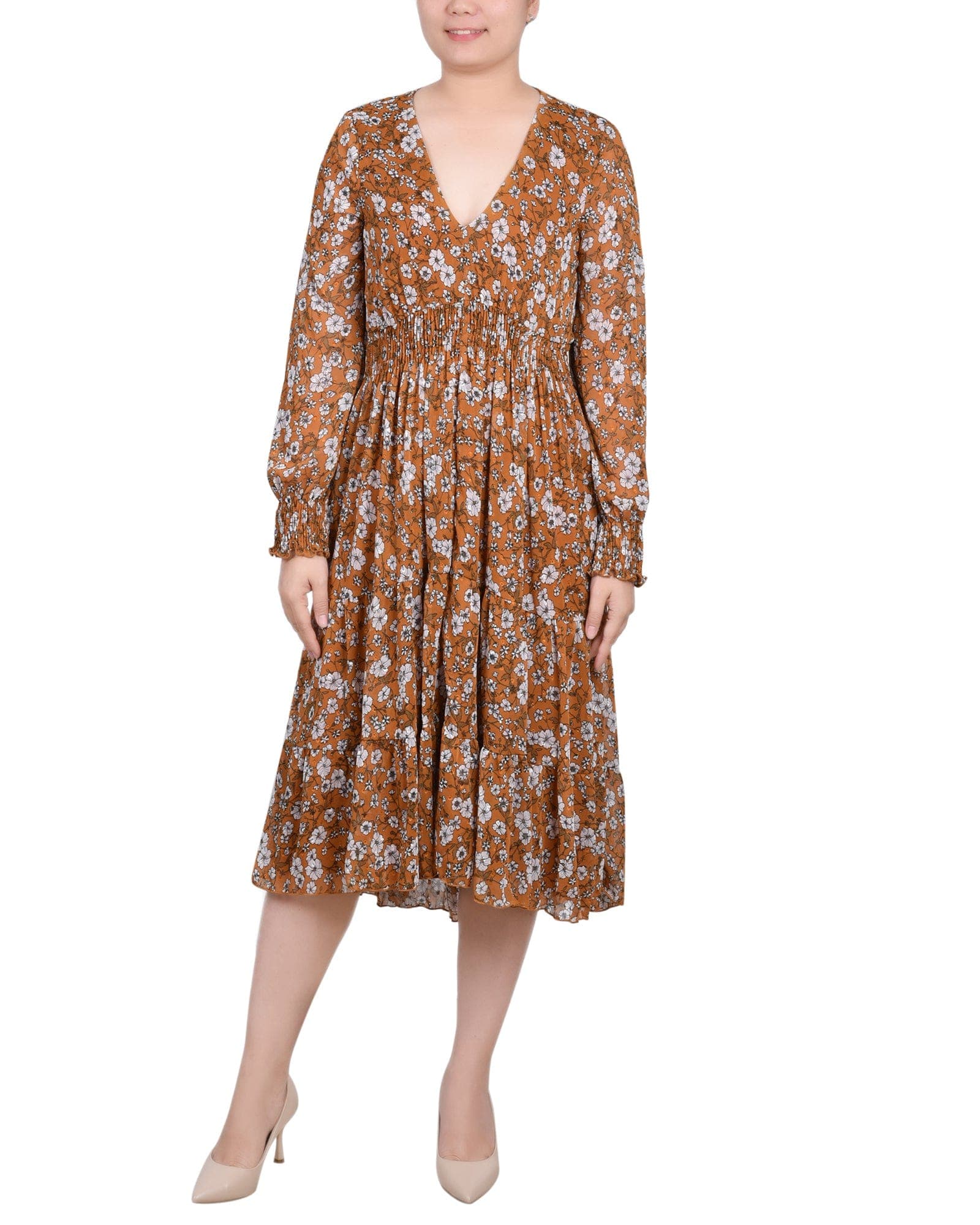 Petite Long Sleeve Clip Dot Chiffon Dress with Smocked Waist and Cuffs