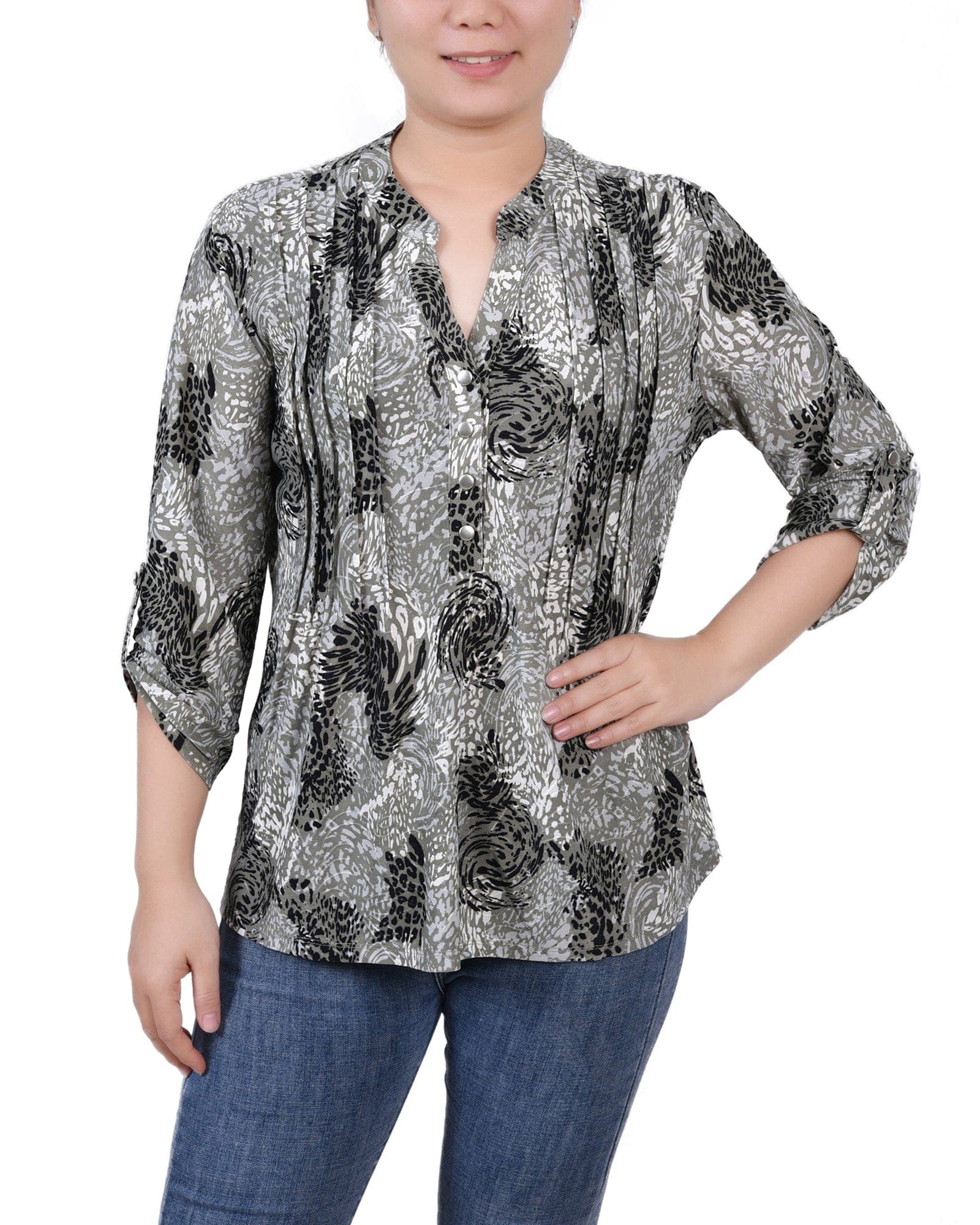 3/4 Roll Tab Sleeve Y Neck Top