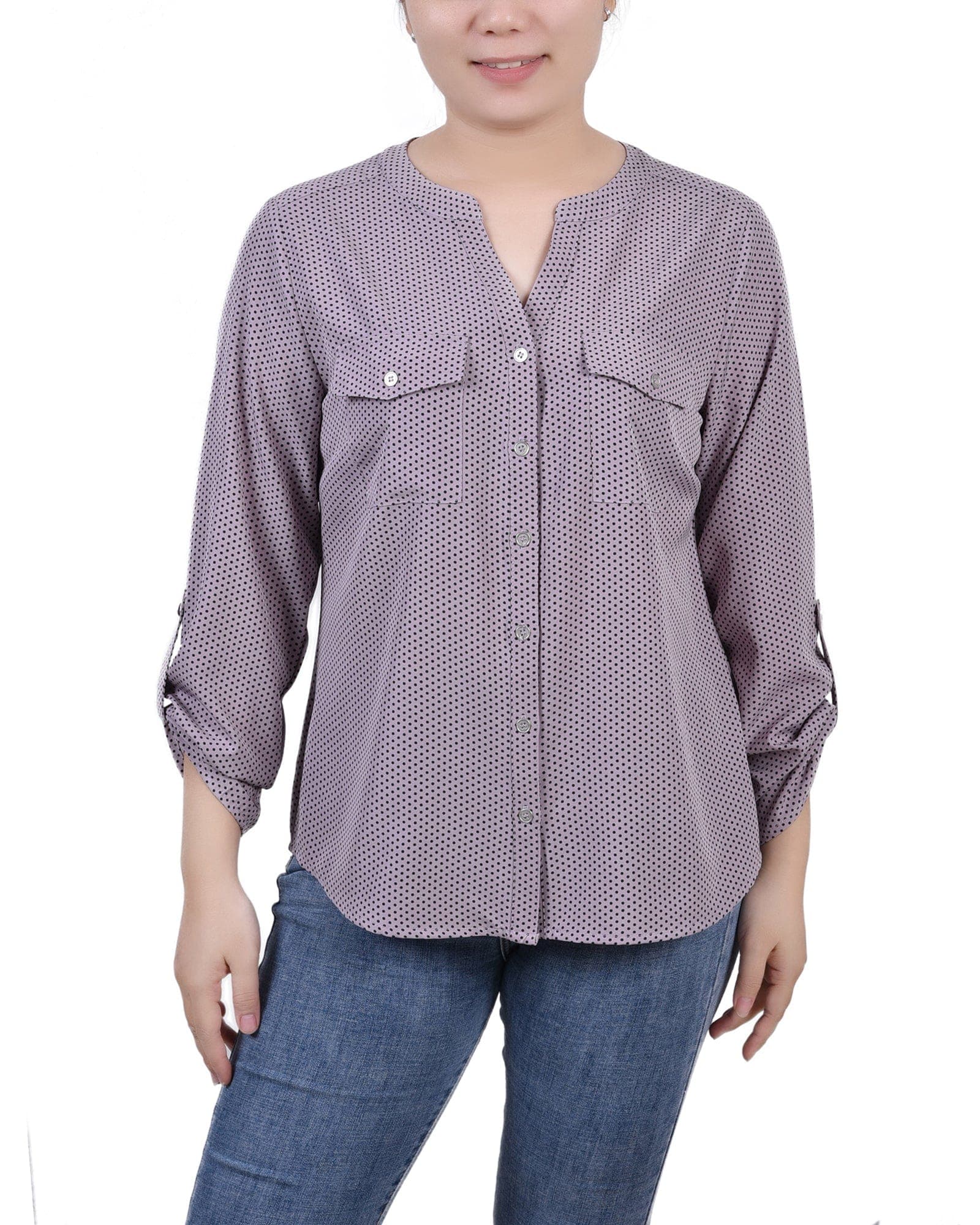3/4 Roll Tab Sleeve Mandarin Collar Blouse