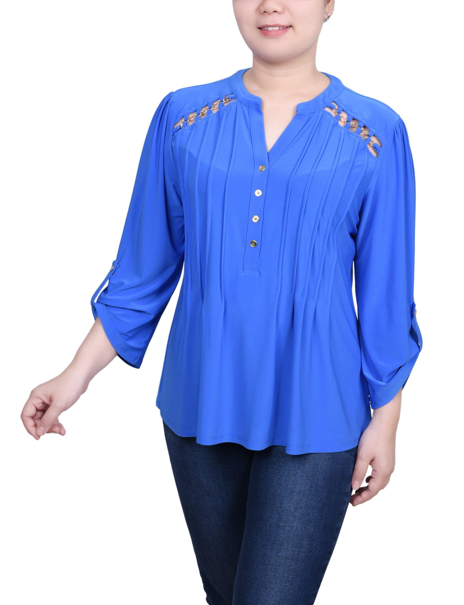 Petite Long Sleeve Pintuck Front Top with Chain Details