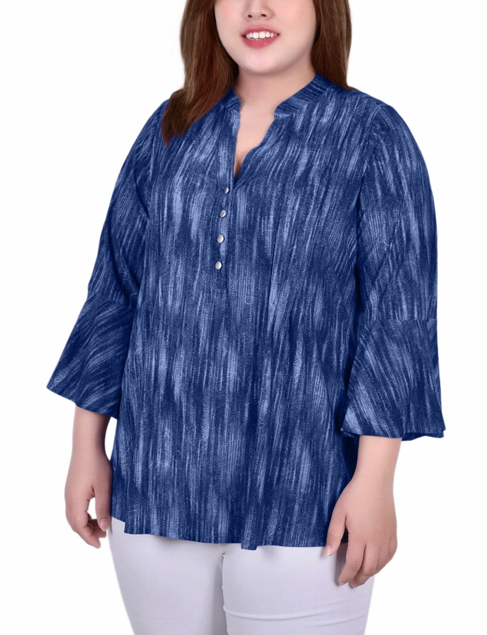 Plus Size 3/4 Bell Sleeve Pleat Front Y Neck Top