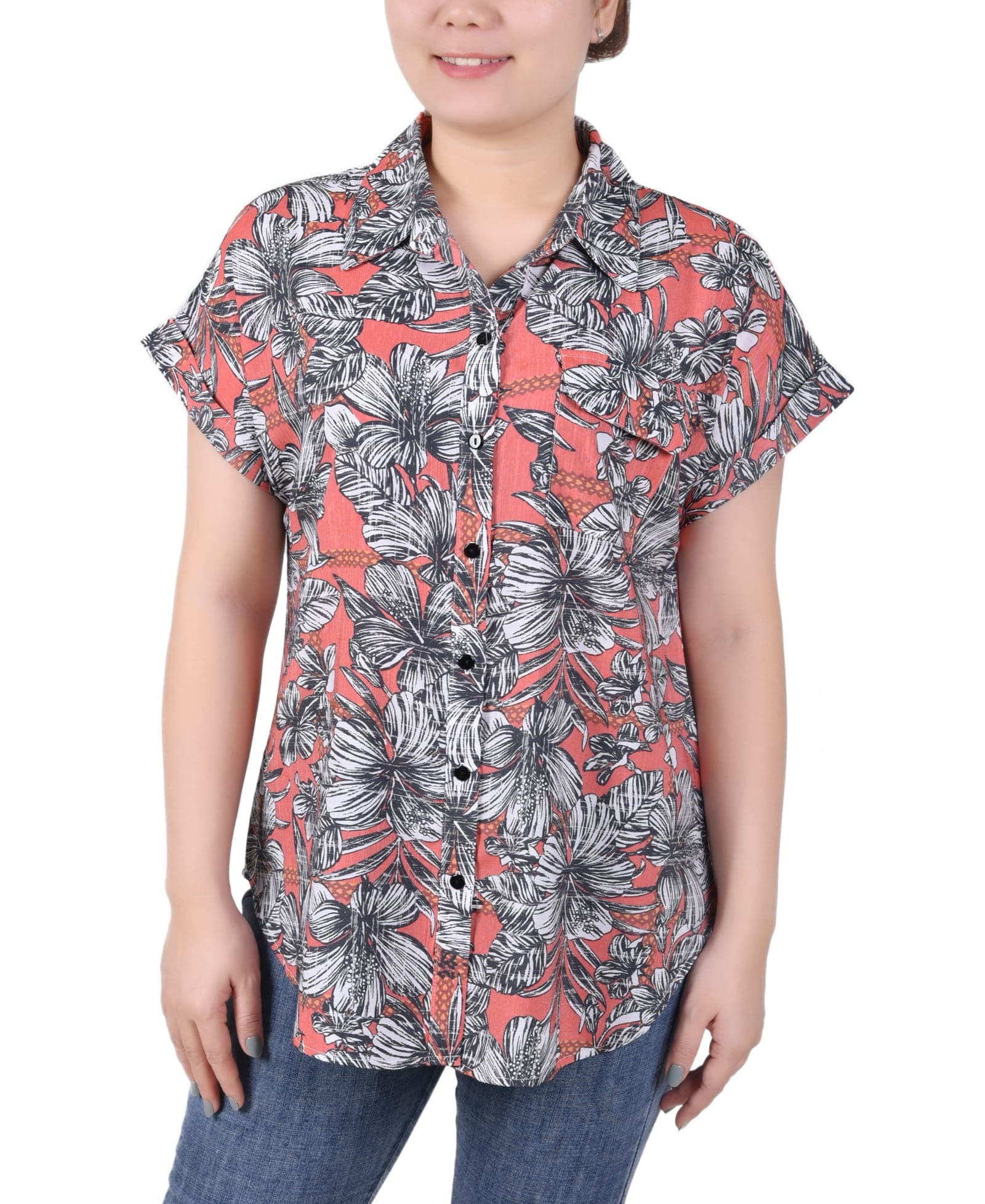 Short Rolled Sleeve Button Front Blouse