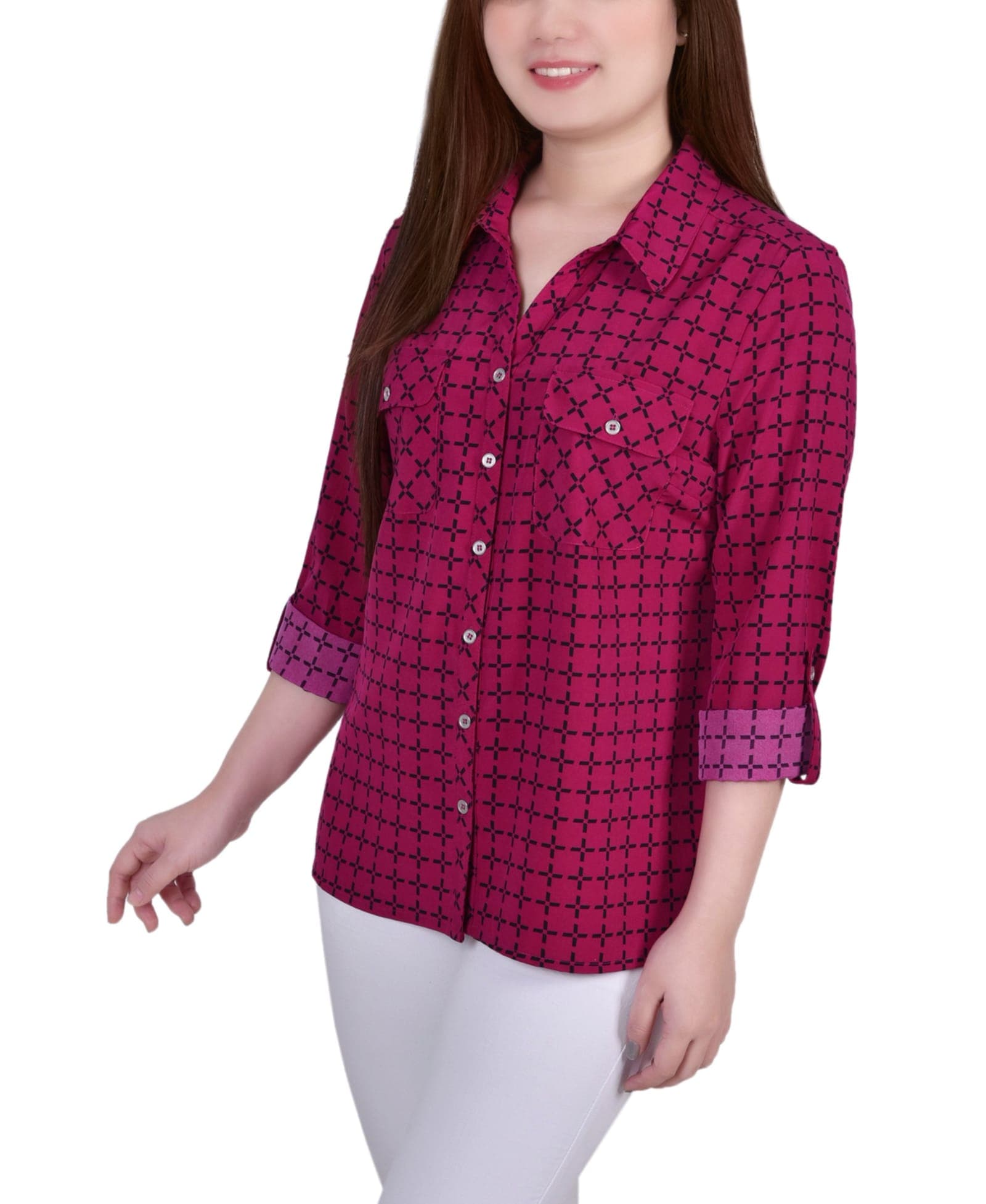 Petite 3/4 Roll Tab Blouse with Pockets