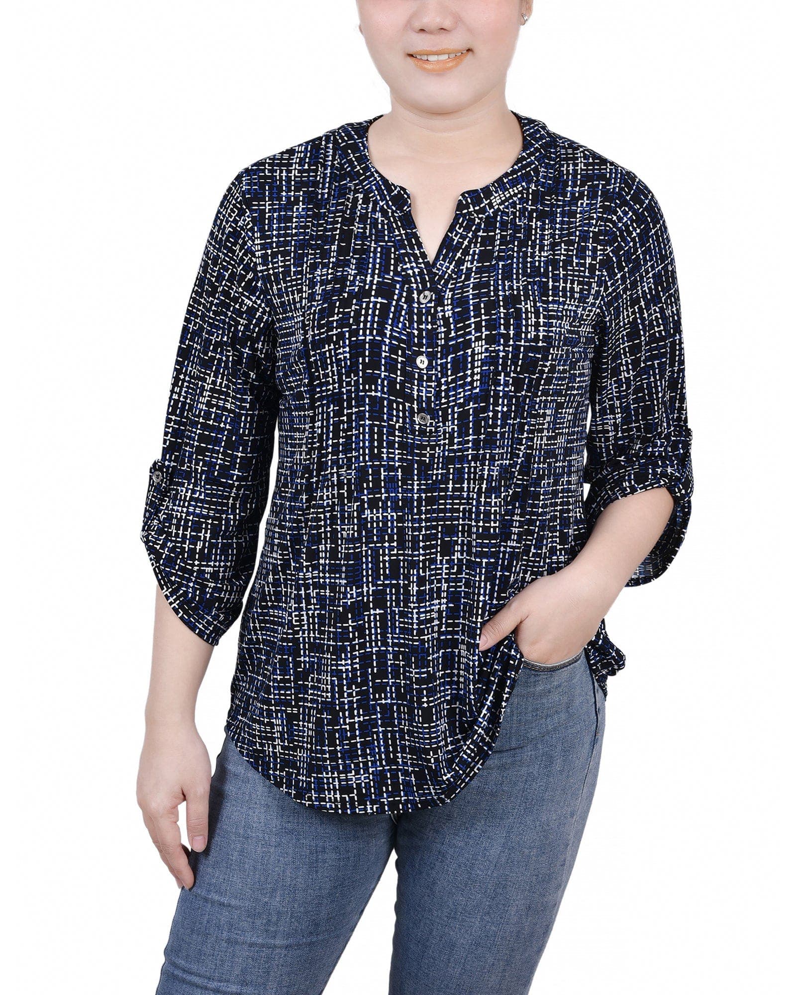 Petite 3/4 Roll Tab Sleeve Y Neck Top
