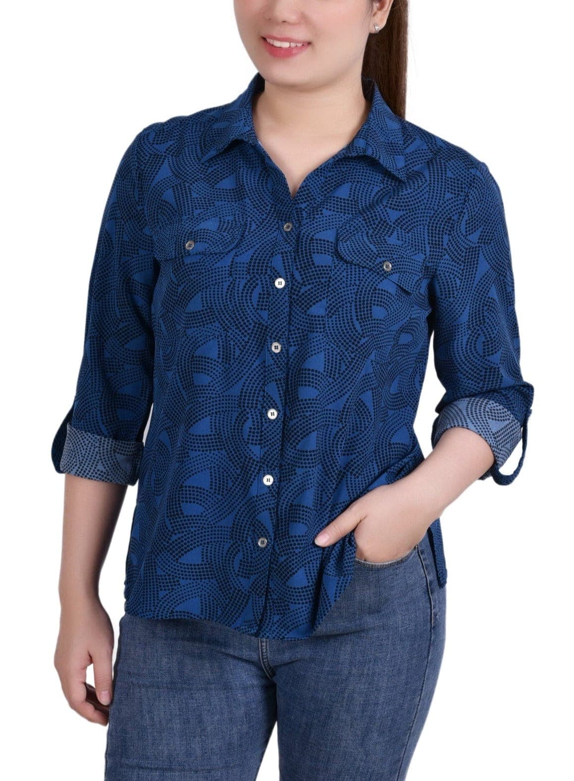 Petite 3/4 Roll Tab Blouse with Pockets