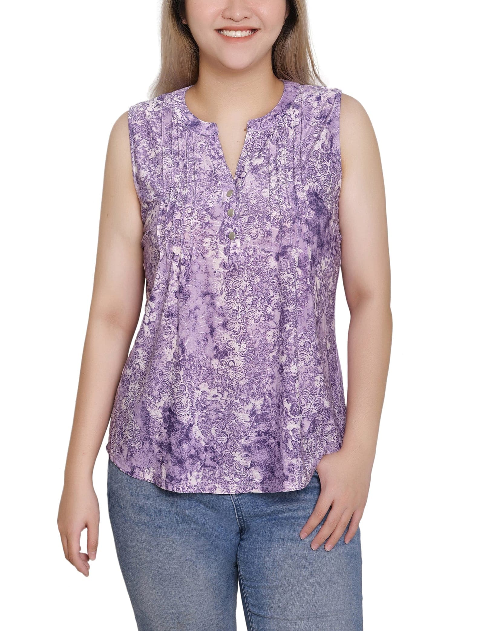Petite Sleeveless Jacquard Y Neck Top