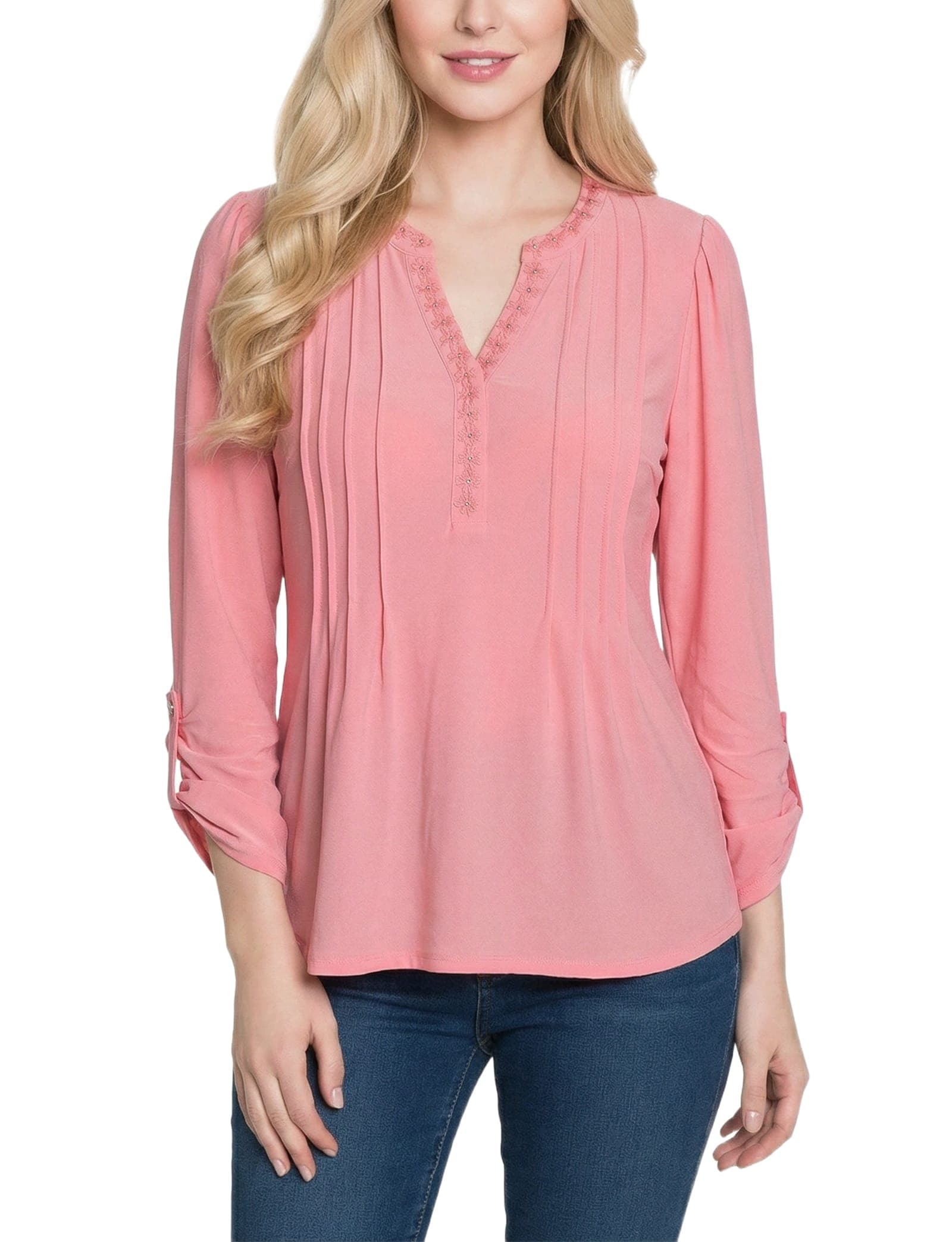 Petite Long Sleeve Pleat Front Roll Tab Top