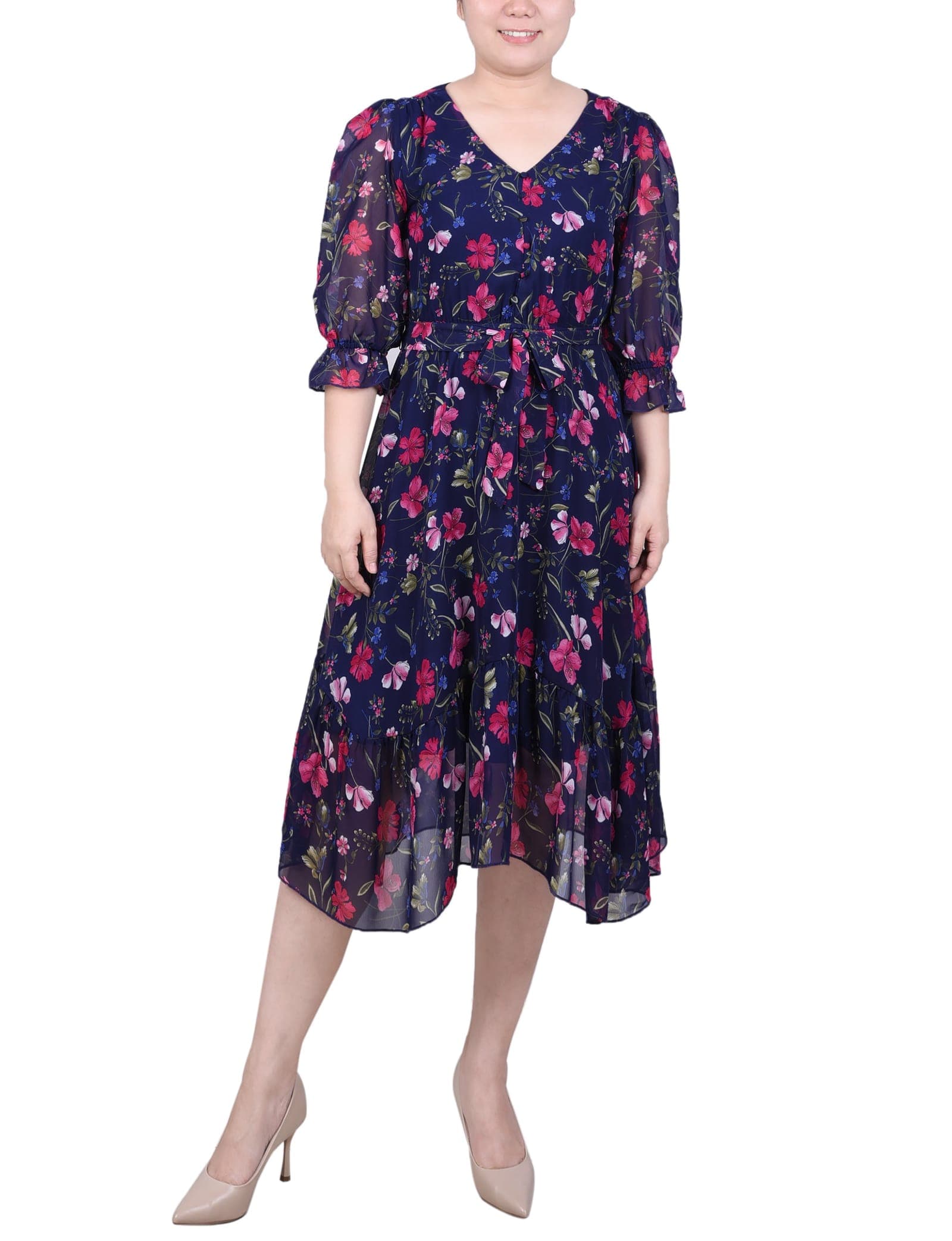 Petite 3/4 Sleeve V-Neck Flounced Dress