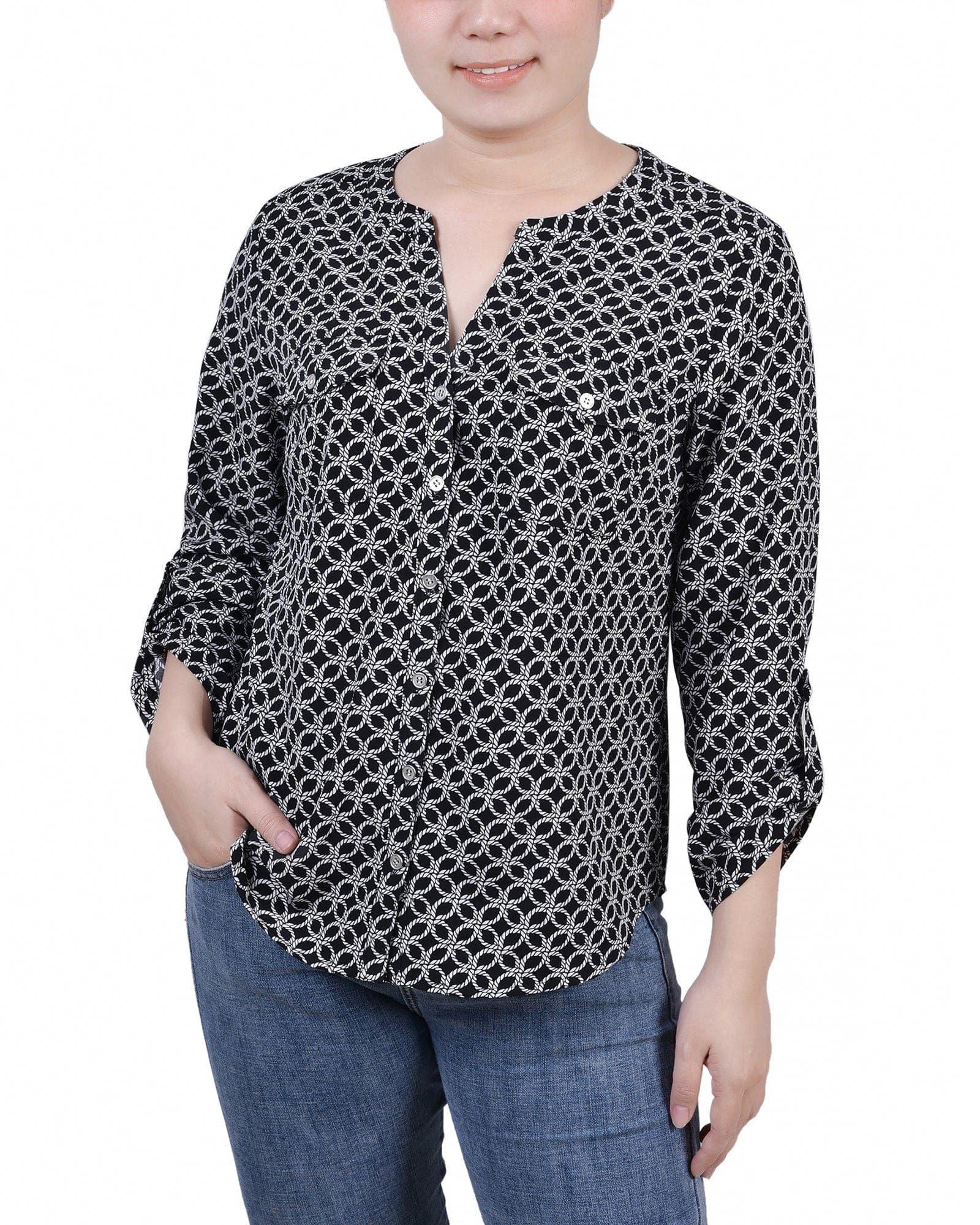 3/4 Roll Tab Sleeve Mandarin Collar Blouse