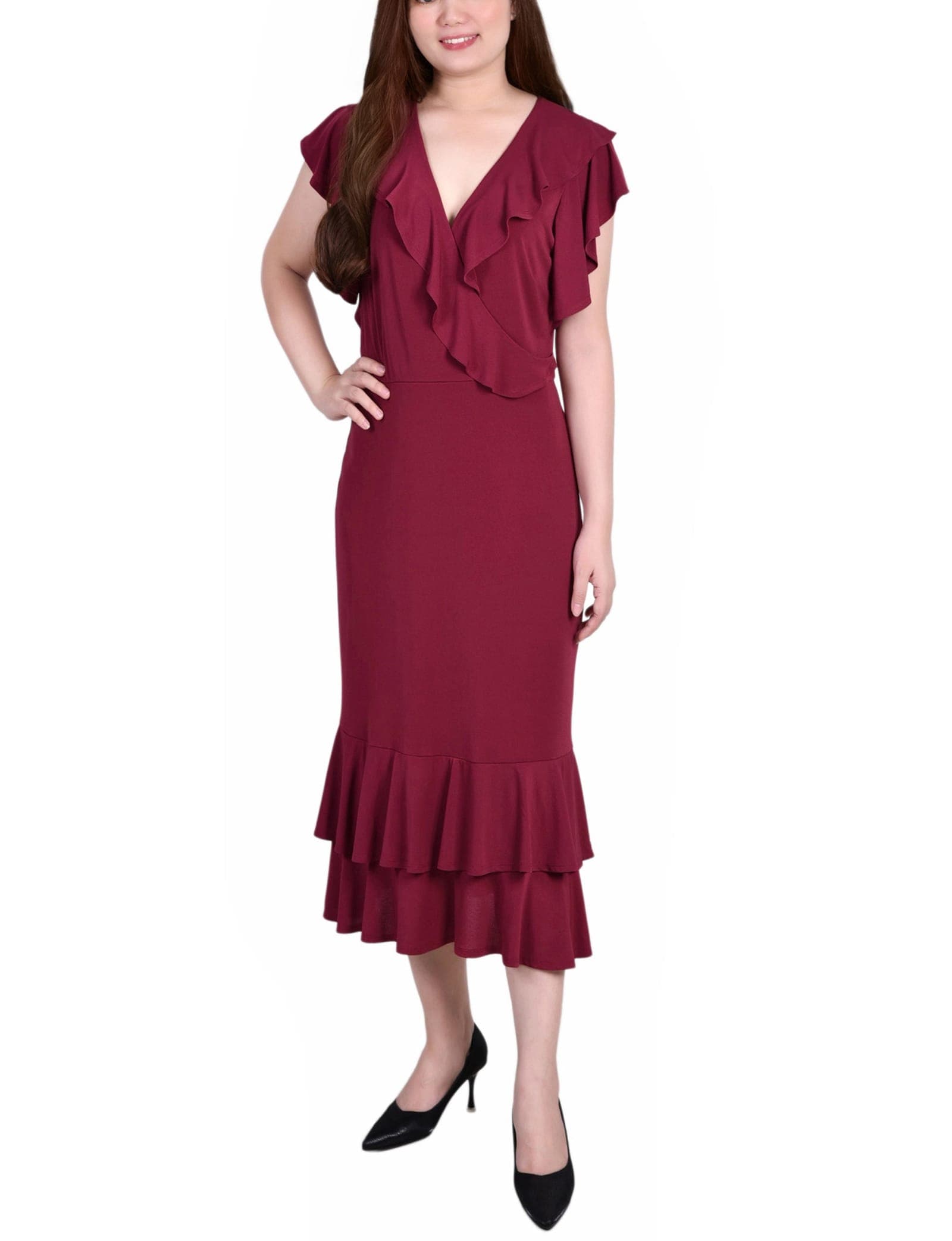 Short Flutter Sleeve Ruffle Neck Dress