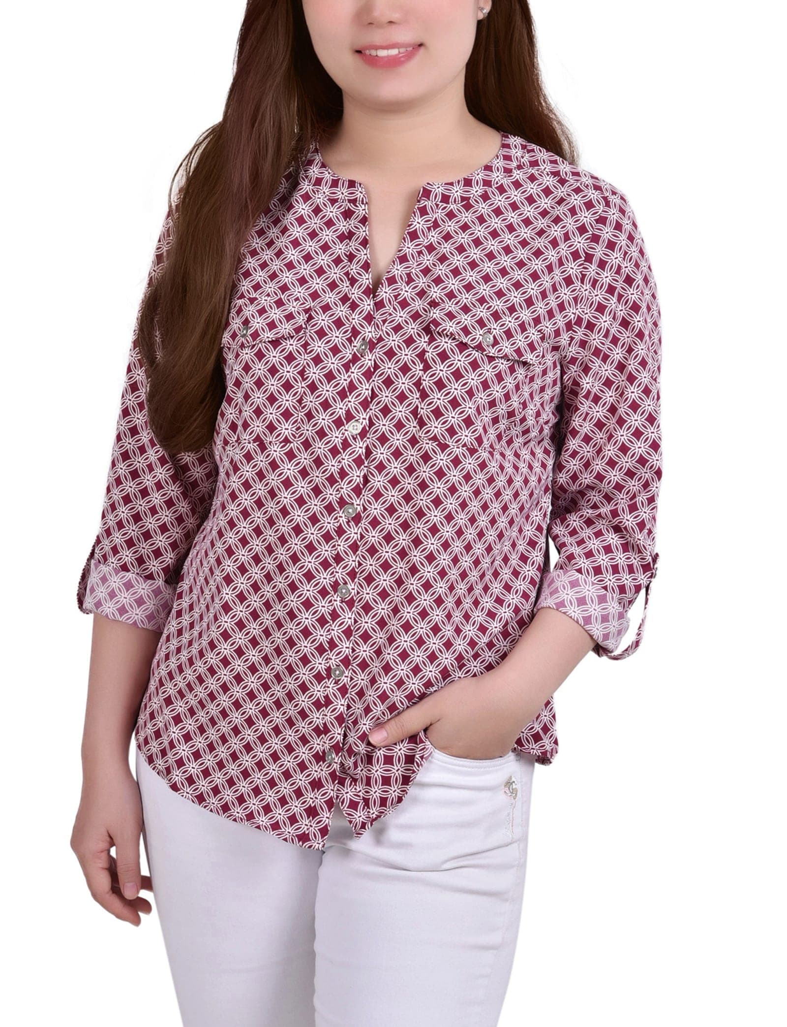 3/4 Roll Tab Sleeve Mandarin Collar Blouse