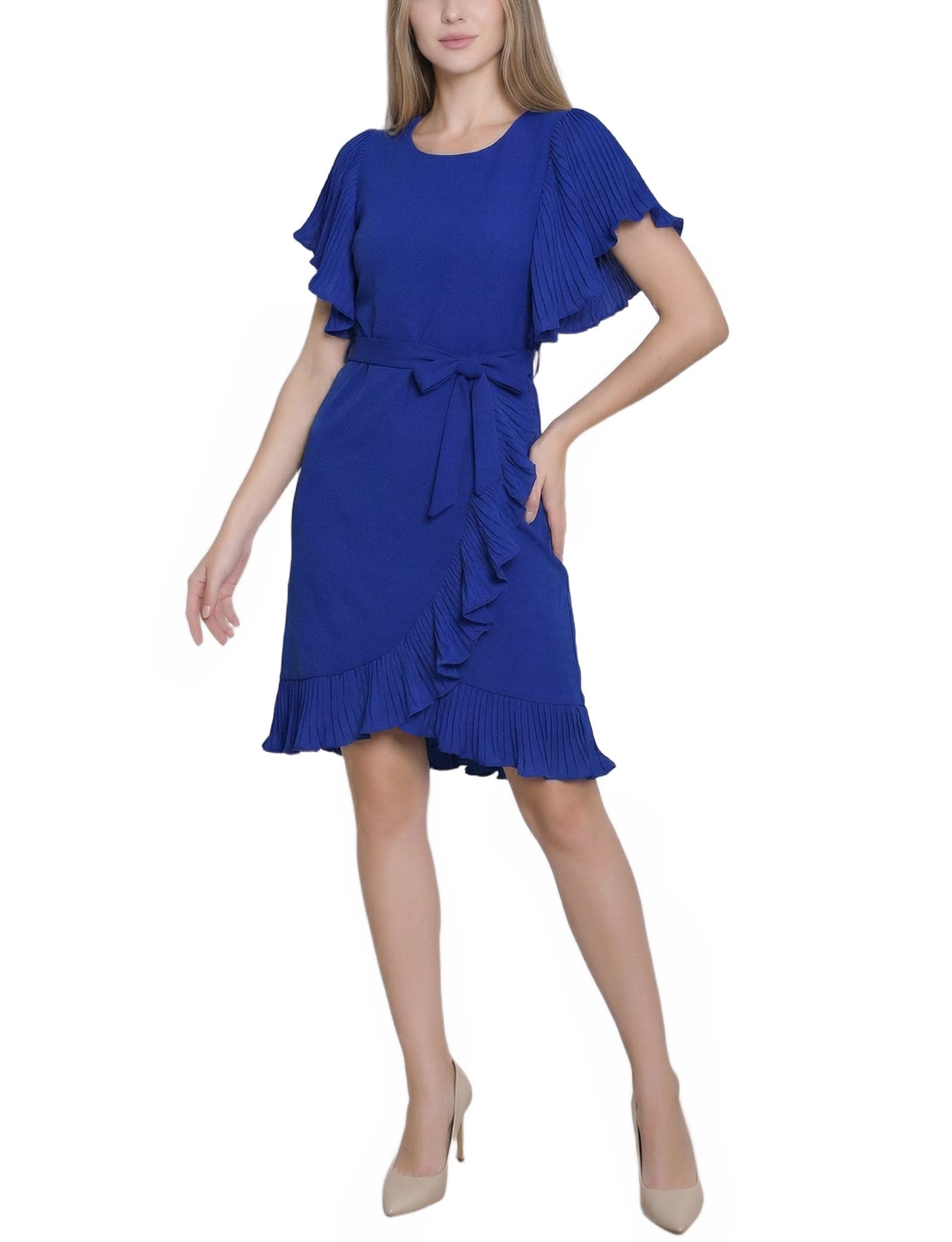 Petite Short Sleeve Pleated Ruffle Dress