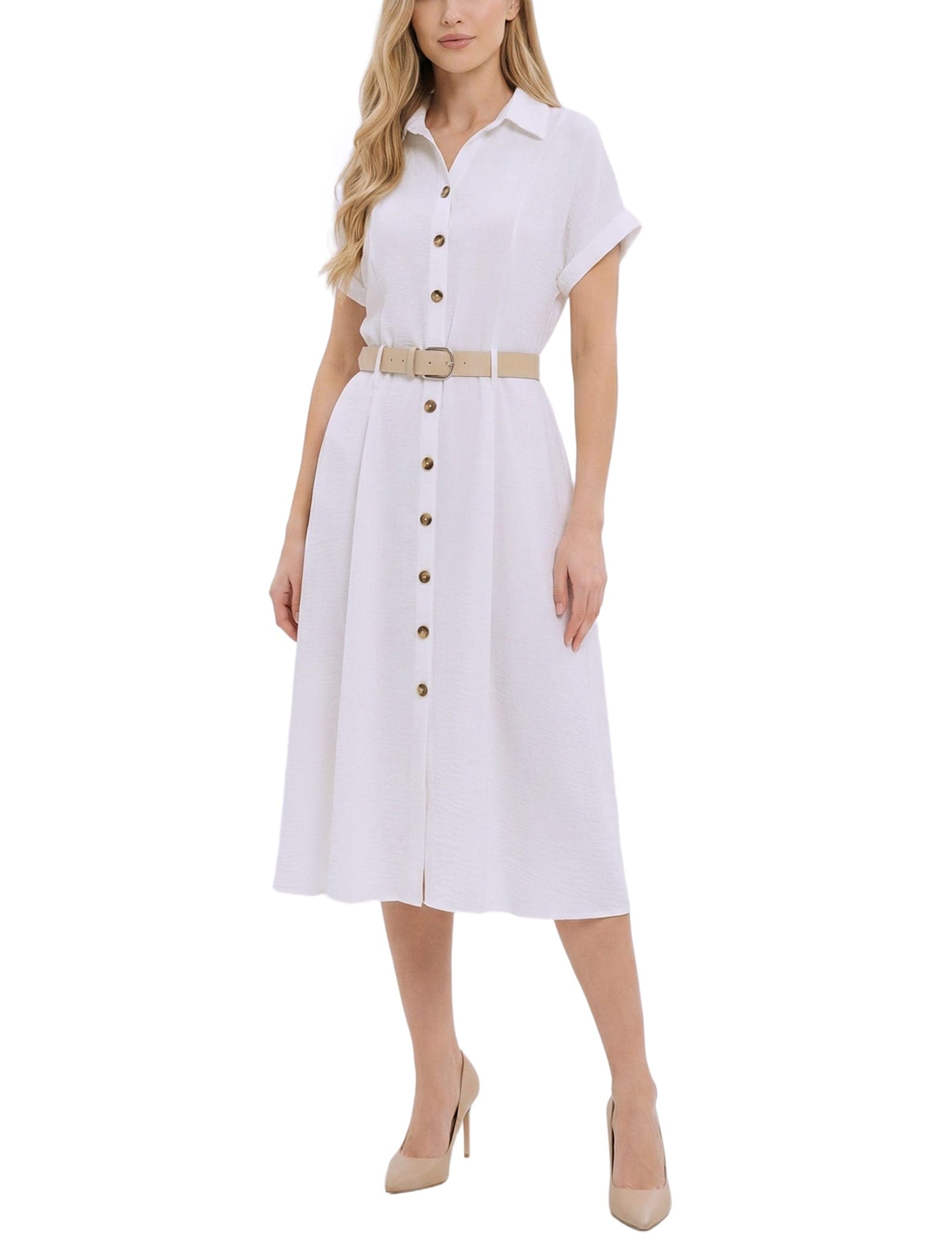 Petite Short Sleeve Button Front Belted a-Line Dress