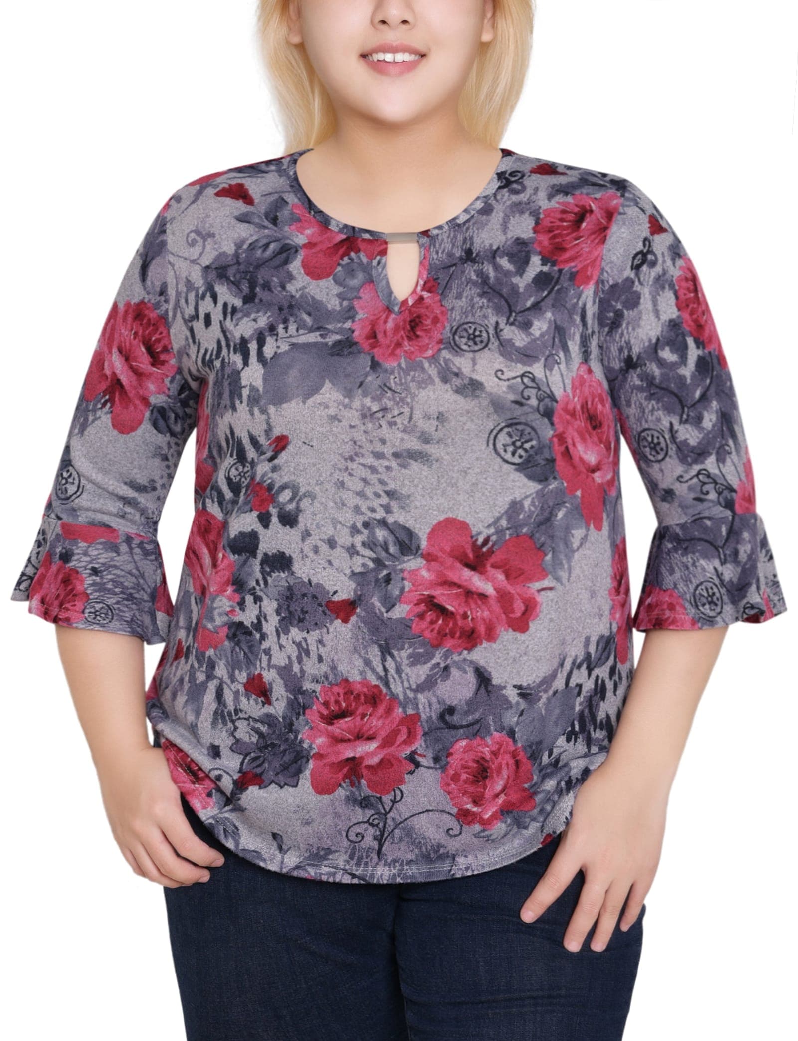 Plus Size 3/4 Bell Sleeve Top with Hardware