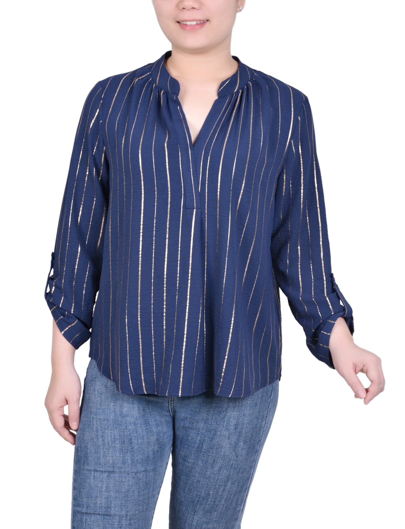 Petite Long Sleeve Foil Striped Blouse