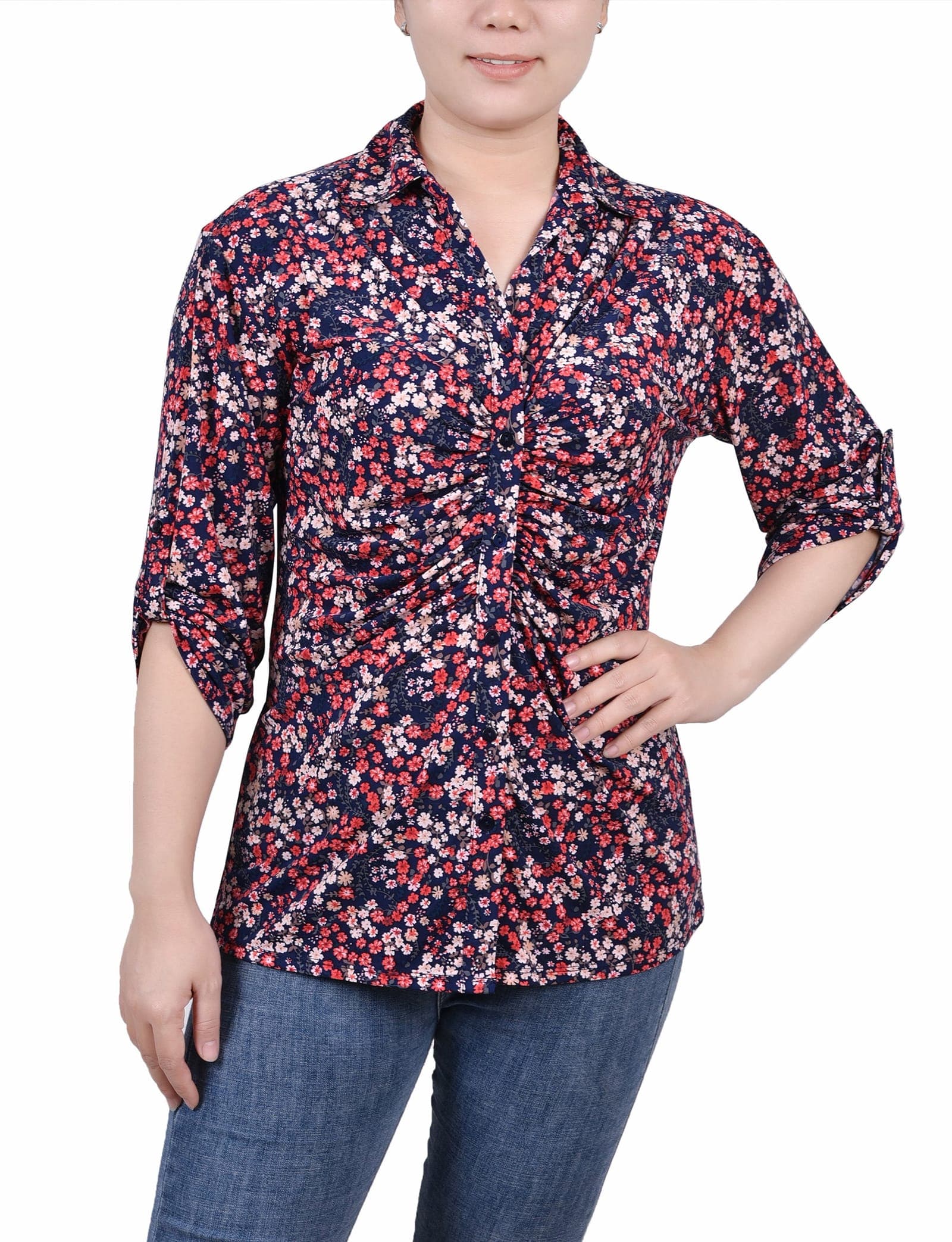Petite 3/4 Roll Tab Rouched-Front Top