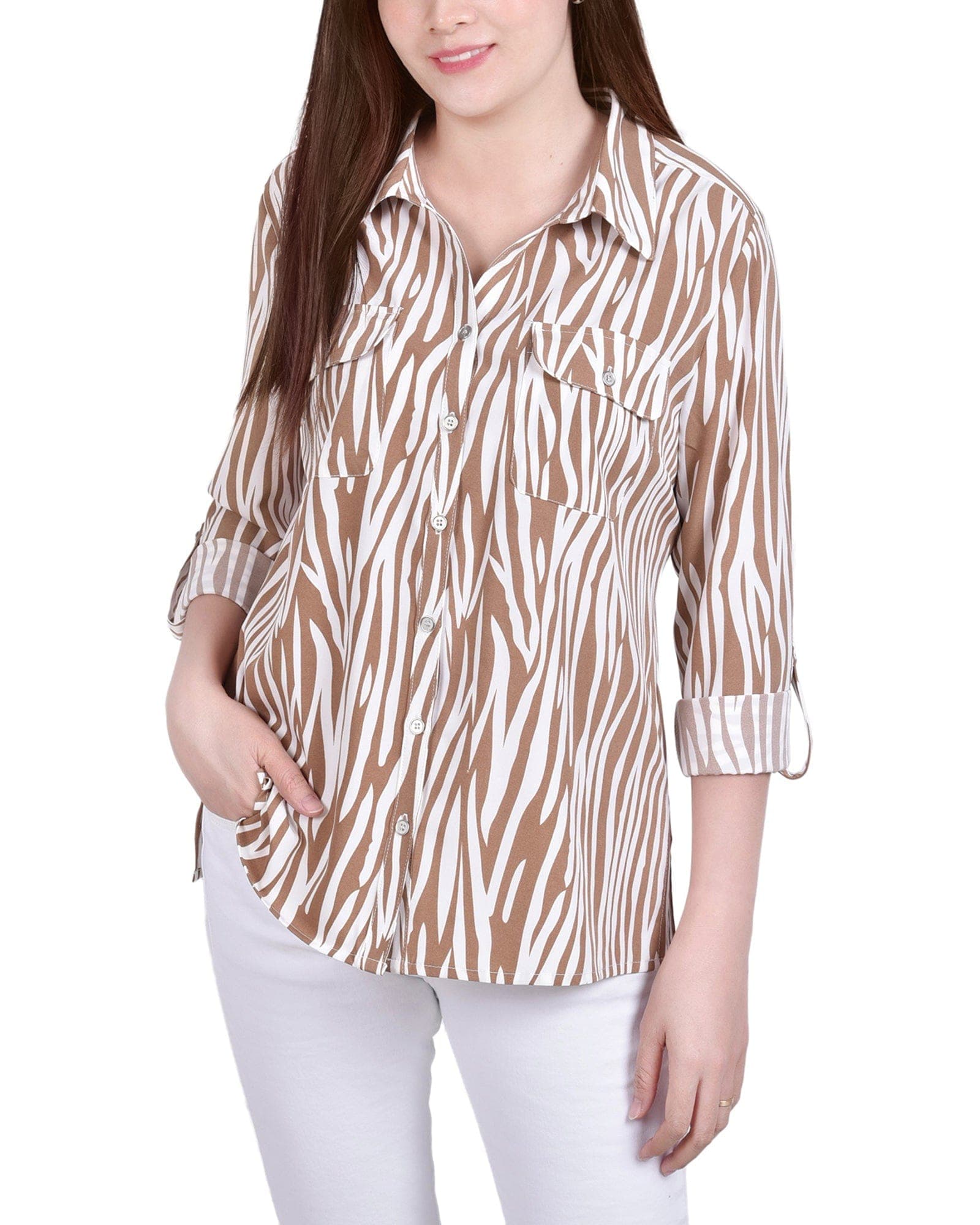 Petite 3/4 Roll Tab Blouse with Pockets